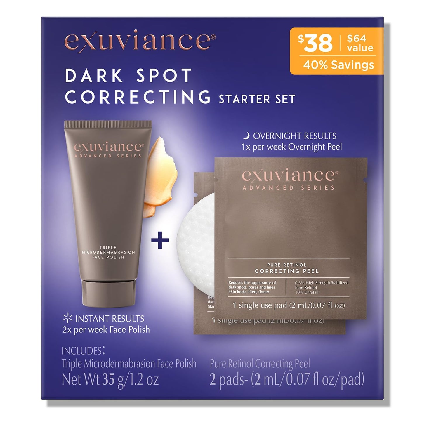 EXUVIANCE Dark Spot Correcting Starter Set (35g Triple Microdermabrasion Face Polish/2 pads Pure Retinol Corecting Peel)