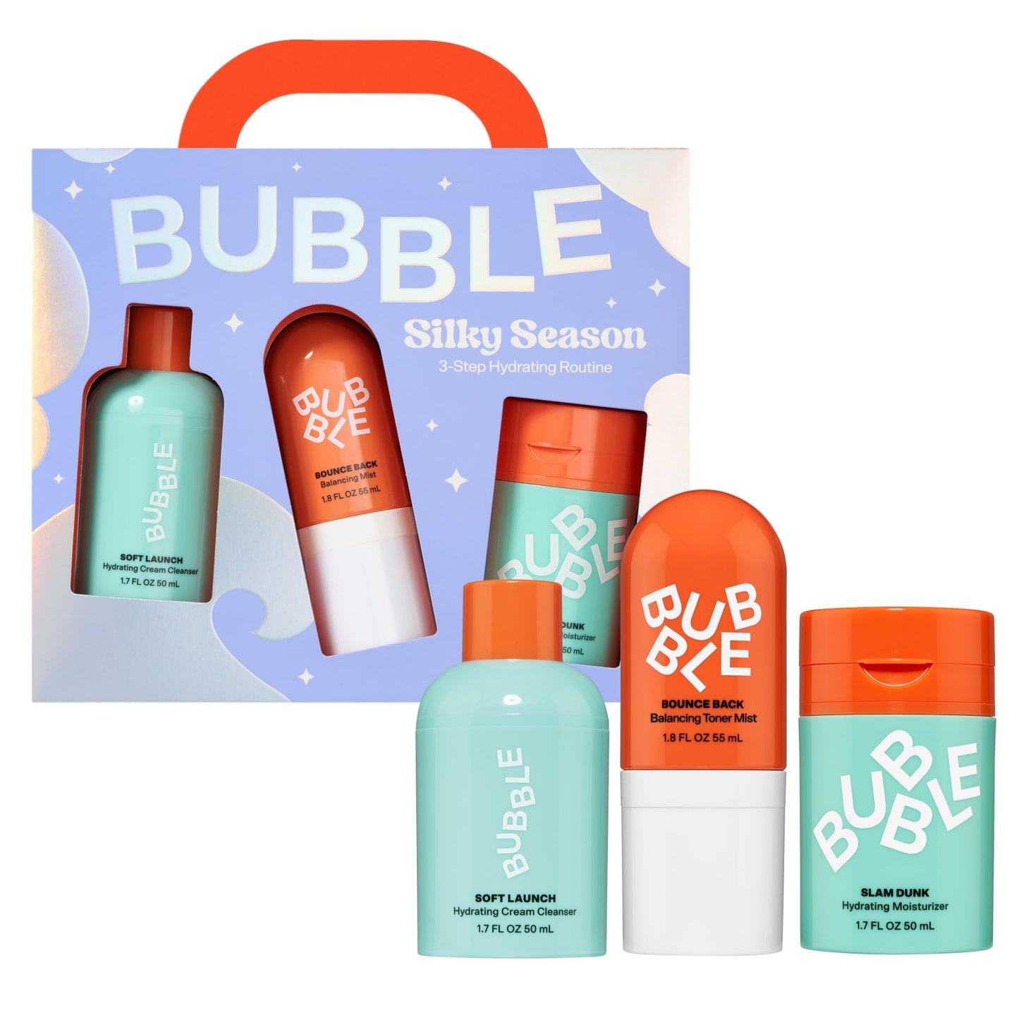 Bubble Skincare Silky 3-Step Hydrating Set for Dry Skin – Travel Size Cleanser, Toner & Moisturizer, 3-Piece Soft Launch Kit