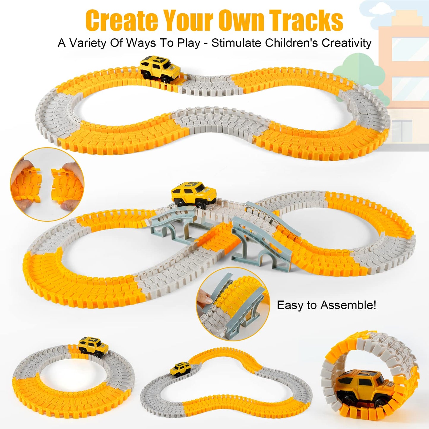 260 PCS Construction Race Track Set for Kids – 2 Electric Cars, 4 Construction Vehicles, Map & Flexible DIY Track, STEM Engineering Toy Ages 3-6