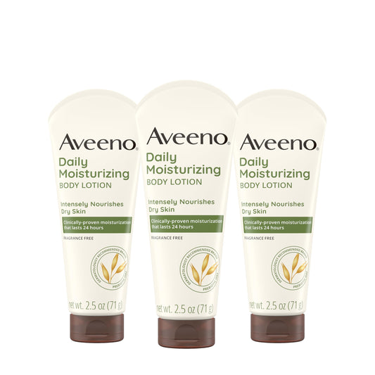 Aveeno Daily Moisturizing Body Lotion, Prebiotic Oat Formula for Dry Skin, Fragrance-Free, Non-Comedogenic, Travel Size 2.5 fl oz, 3 Pack