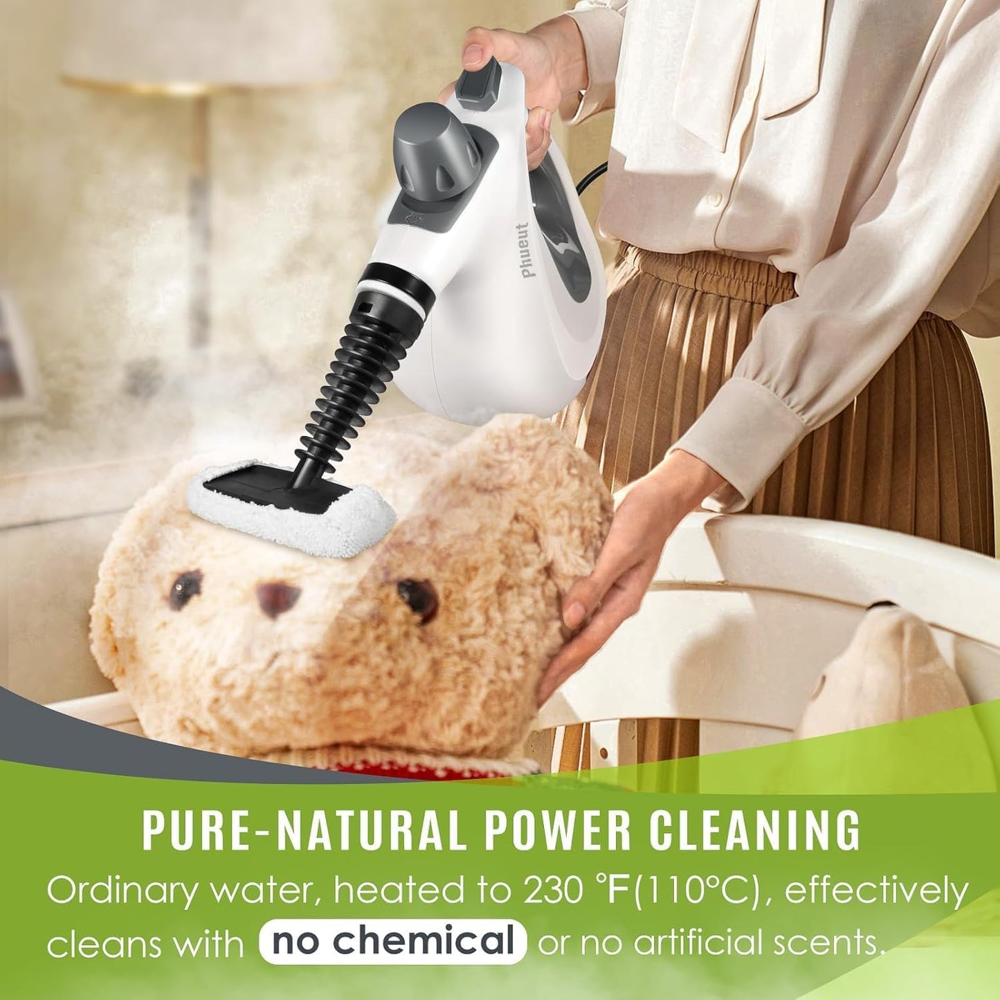 Phueut Handheld Pressurized Steam Cleaner with 12 Accessories, Multi-Surface Steamer for Floors, Upholstery, Grout & Car Cleaning