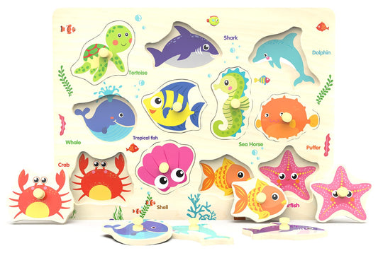 Wooden Peg Puzzle – Sea Creature Chunky Baby Puzzle with 11 Colorful Pieces, Shape & Animal Knob Board for Educational Toddlers 18+ Months