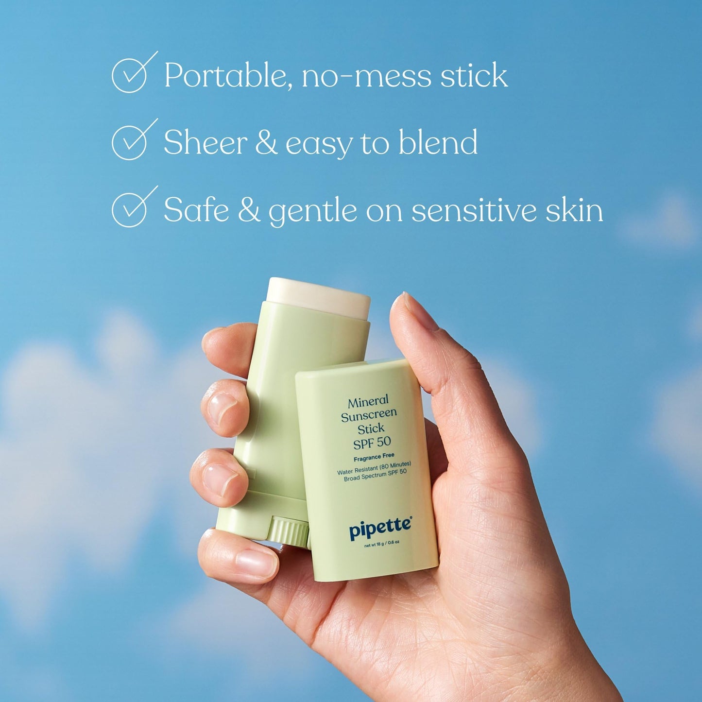 Pipette Baby Mineral Sunscreen Stick SPF 50 – Broad Spectrum Zinc Oxide Sunblock for Sensitive Skin & Kids, Water Resistant, Travel Size 0.6 oz
