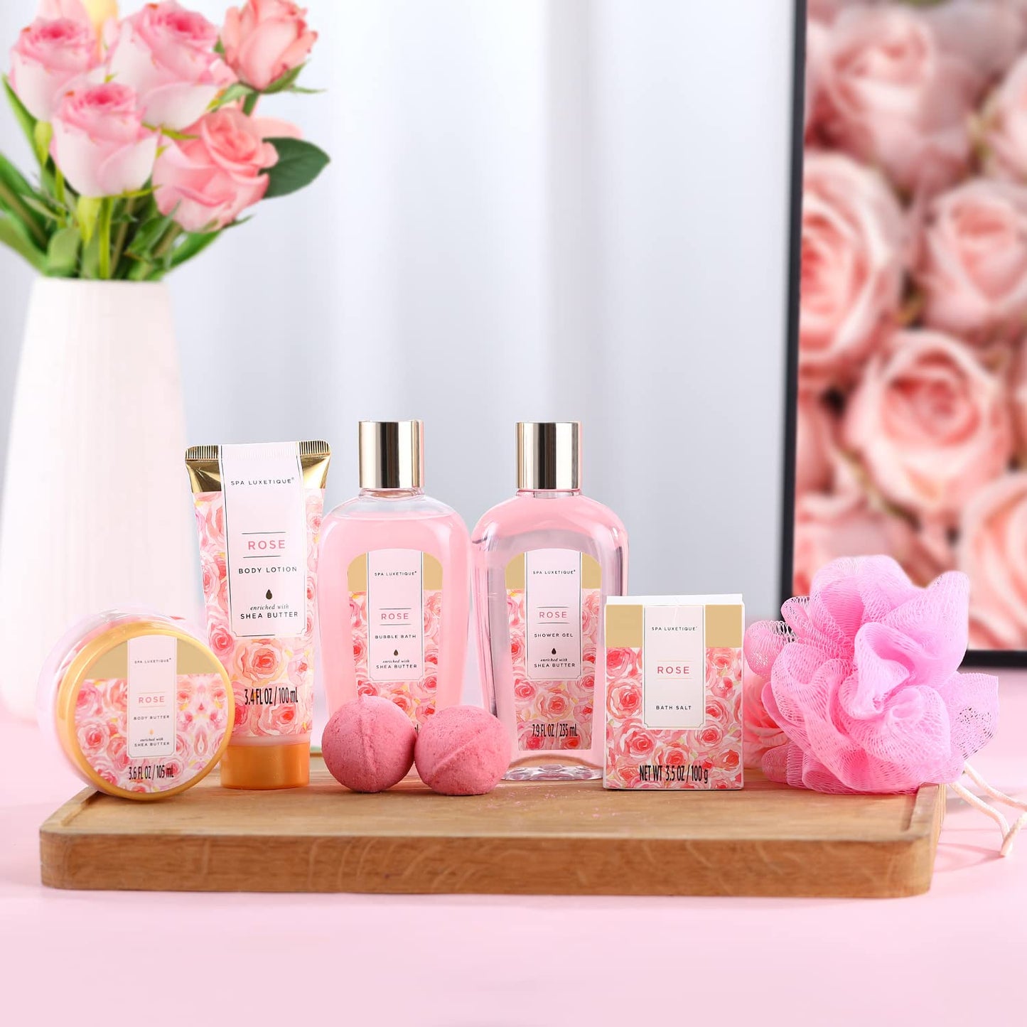 Spa Luxetique 8-Pc Rose Gift Set for Women – Bath & Body Basket with Bubble Bath, Shower Gel, Lotion – Birthday & Mother’s Day Gifts