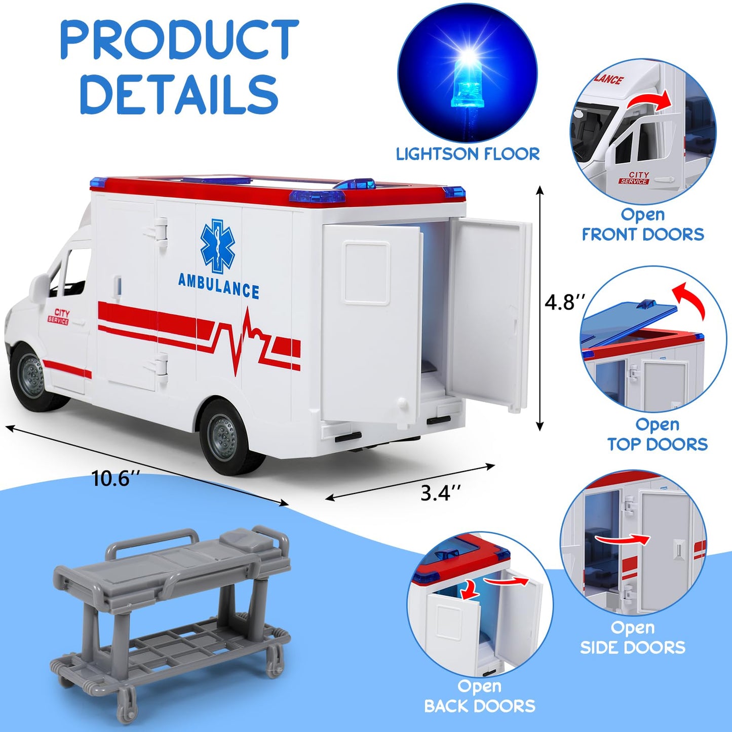 Friction-Powered Toy Ambulance for Kids 3-5, 4 Flashing Lights & Sound, Opening Doors, Hospital Playset Birthday Gift for Boys & Girls