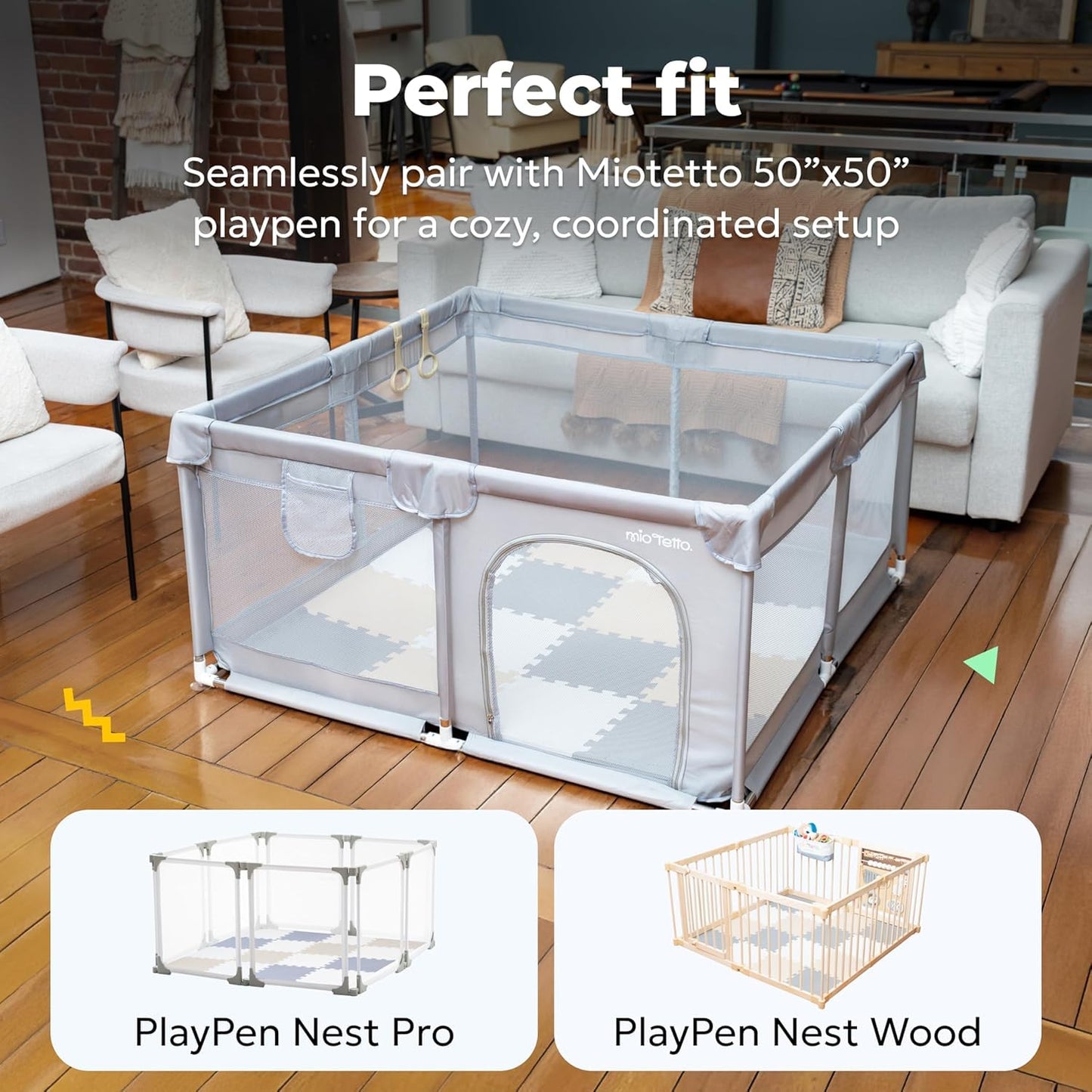 MioTetto Foam Floor Tiles for Kids – Non-Toxic Soft Play Mat for Babies 6-12 Months, Interlocking Tiles Fit 50x50 Playpen, Safe for Crawling