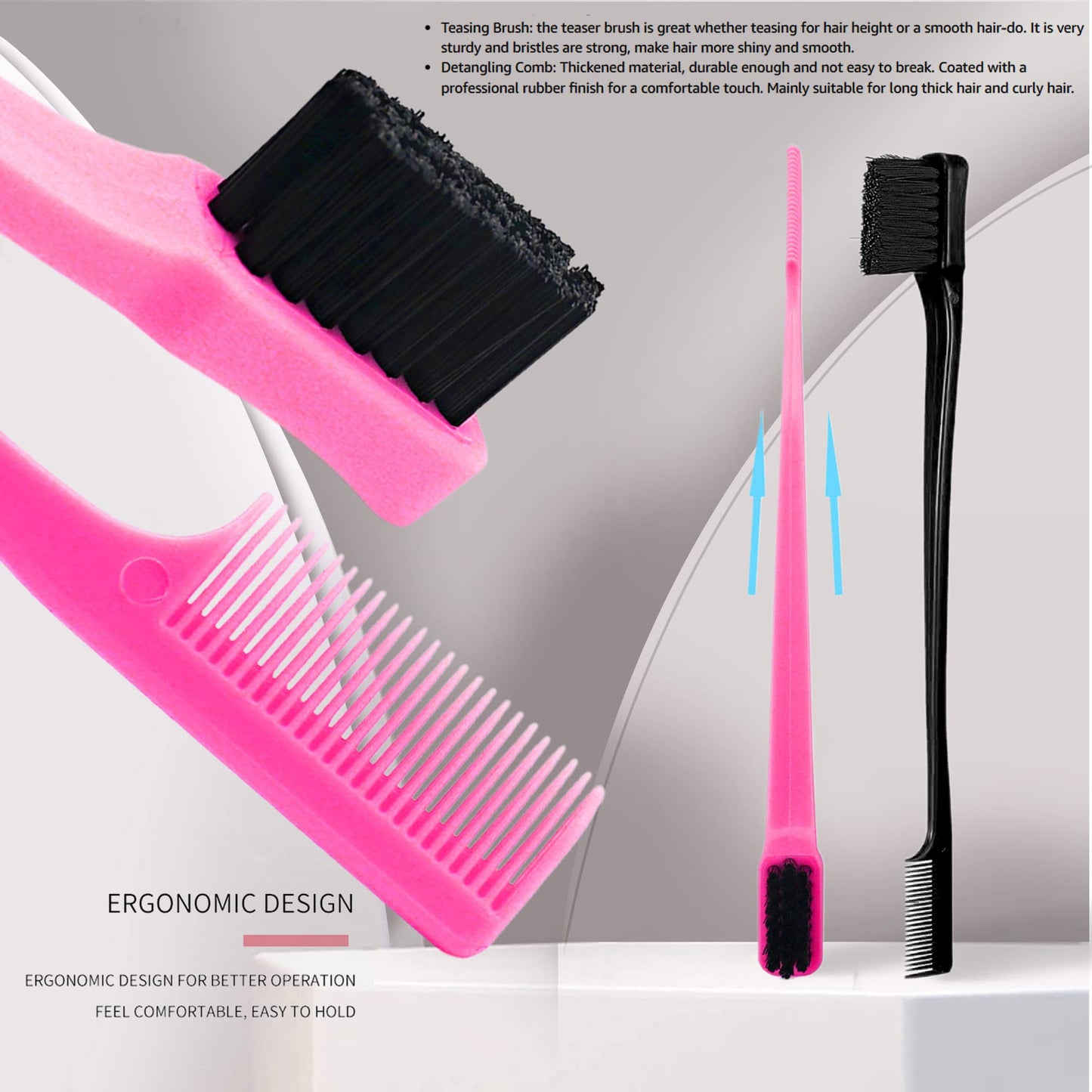 Foxi Fresh Double Sided Edge Control Hair Brush Comb Combo Pack 2 Pieces Pink and Black