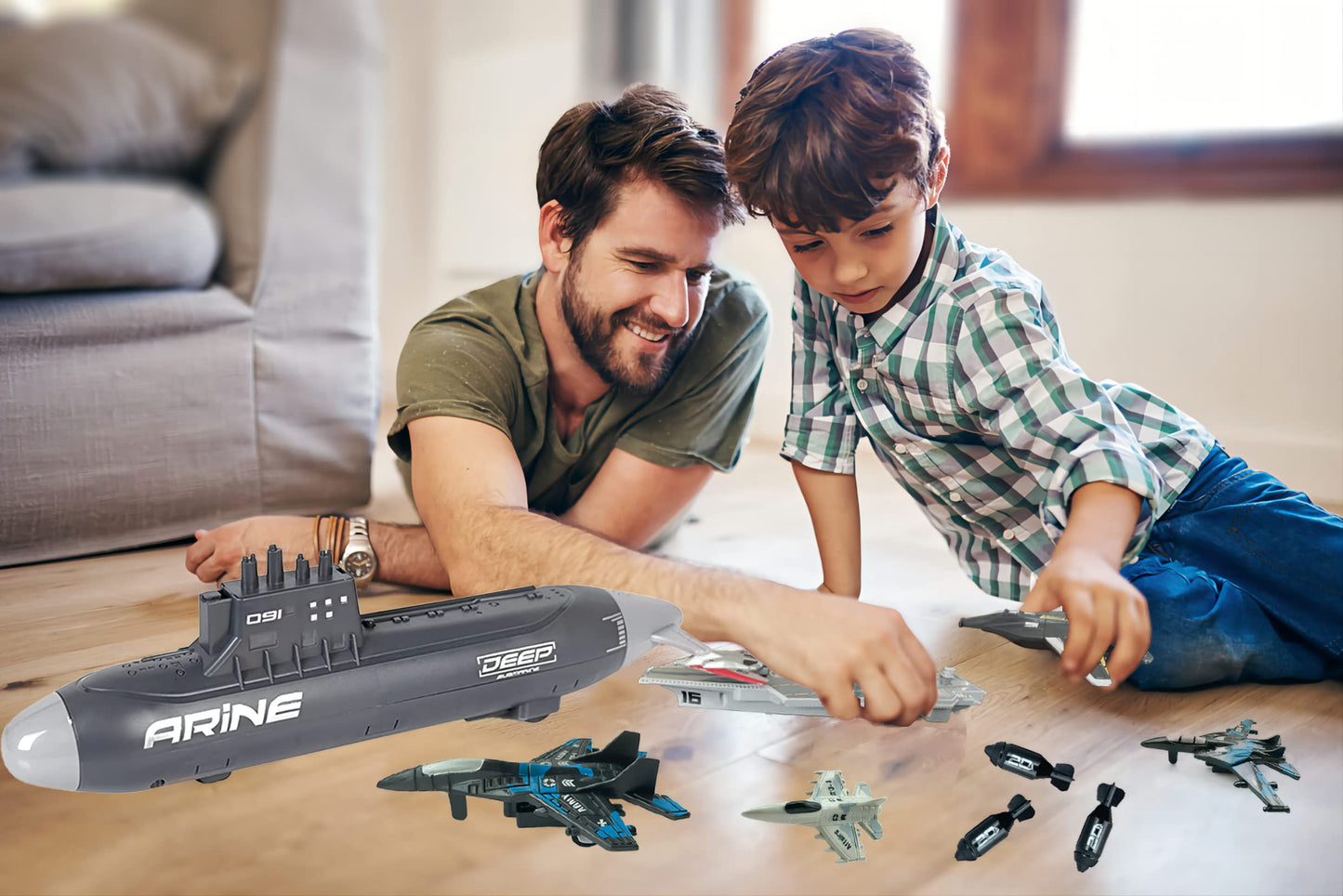 WASAiKA Aircraft Carrier & Submarine Toy Set with Launching Fighter Jet & Torpedoes – Naval Army Playset for Kids Boys & Girls