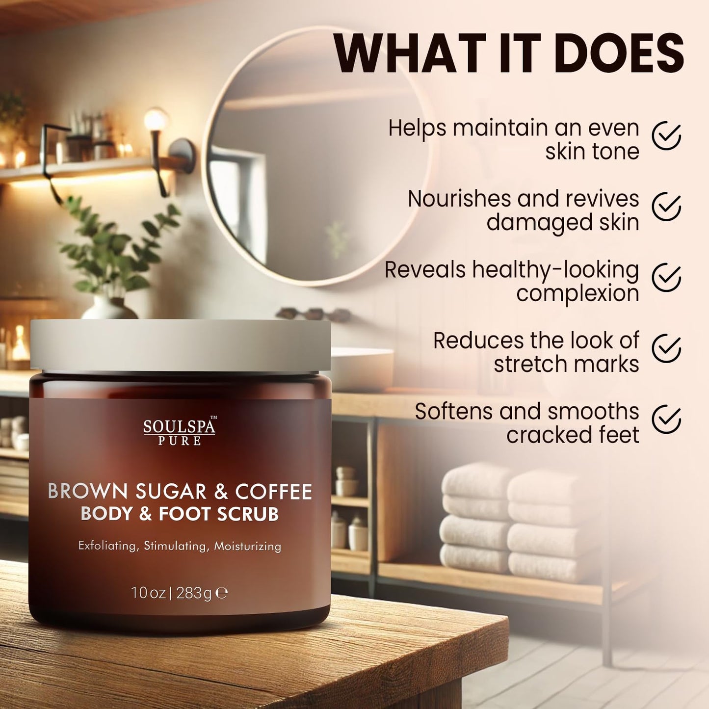 Brown Sugar & Coffee Body Scrub - Moisturizing, Energizing Exfoliator for All Skin Types, Hydrating Spa Treatment, 10 oz