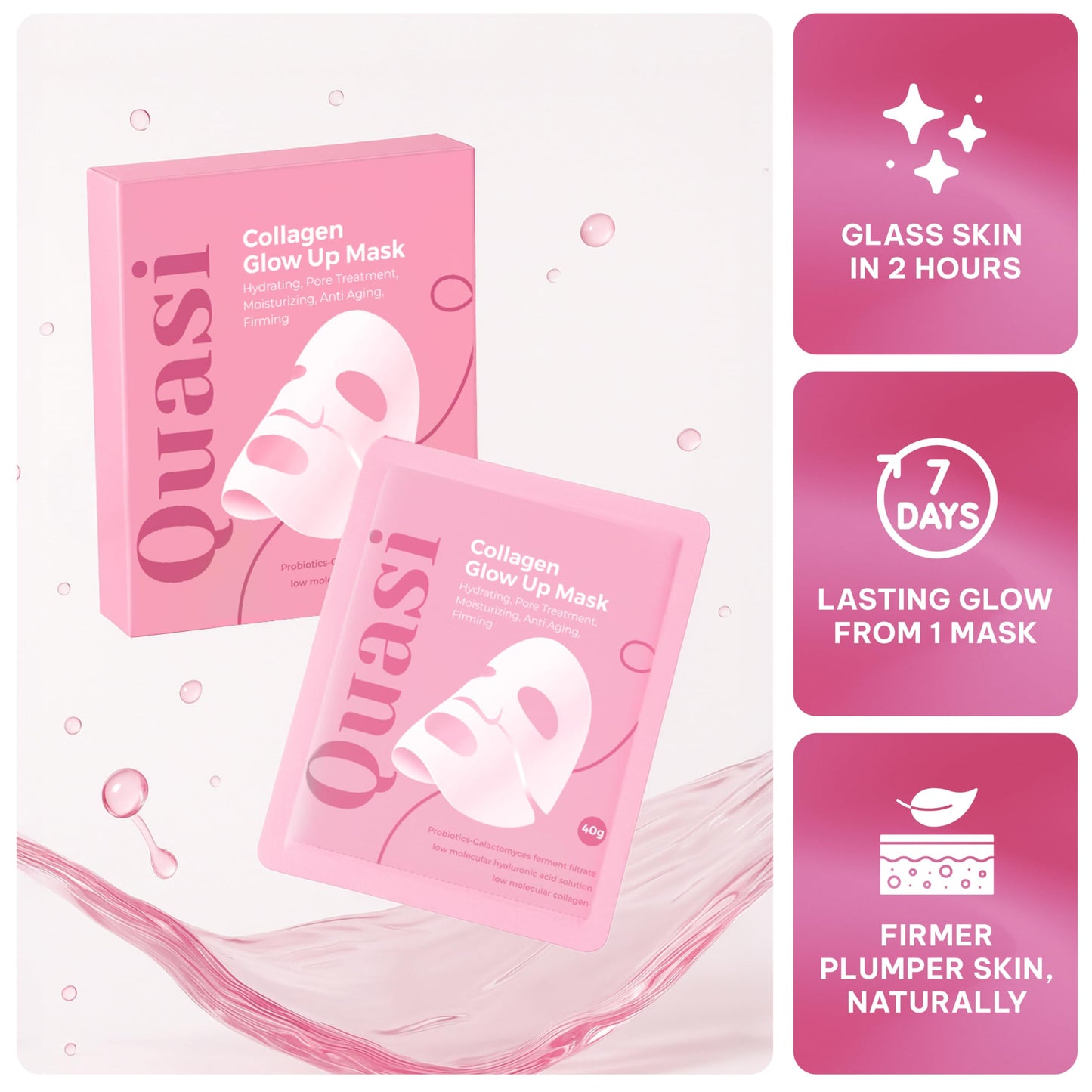 Quasi Bio-Collagen Overnight Face Mask – Hydrating Korean Sheet Mask with Niacinamide & Low Molecular Collagen – 4-Pack, All Skin Types