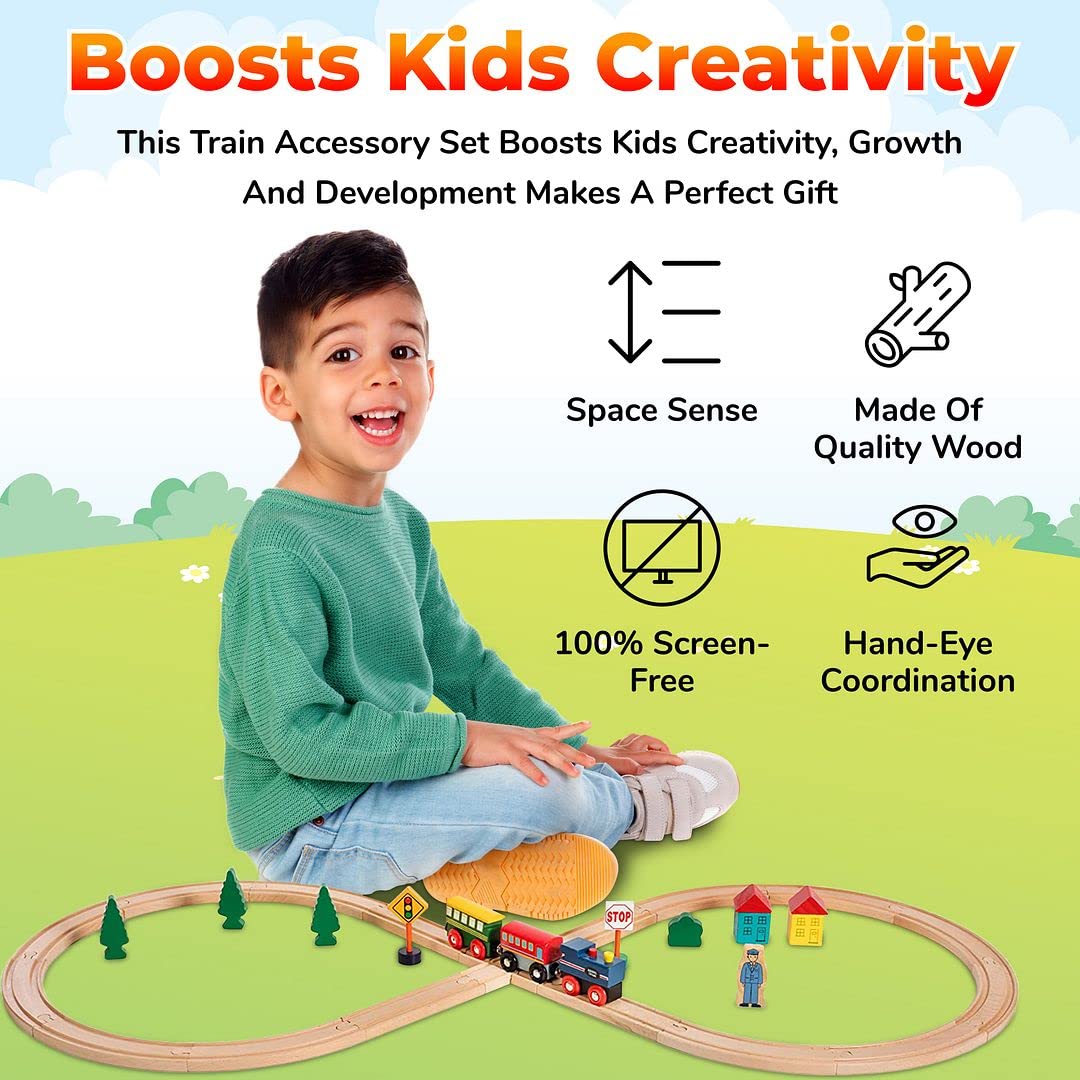 On Track USA 35-Piece Wooden Train Set with Magnetic Trains, Tracks & Accessories in Clear Container, Compatible with Major Brands