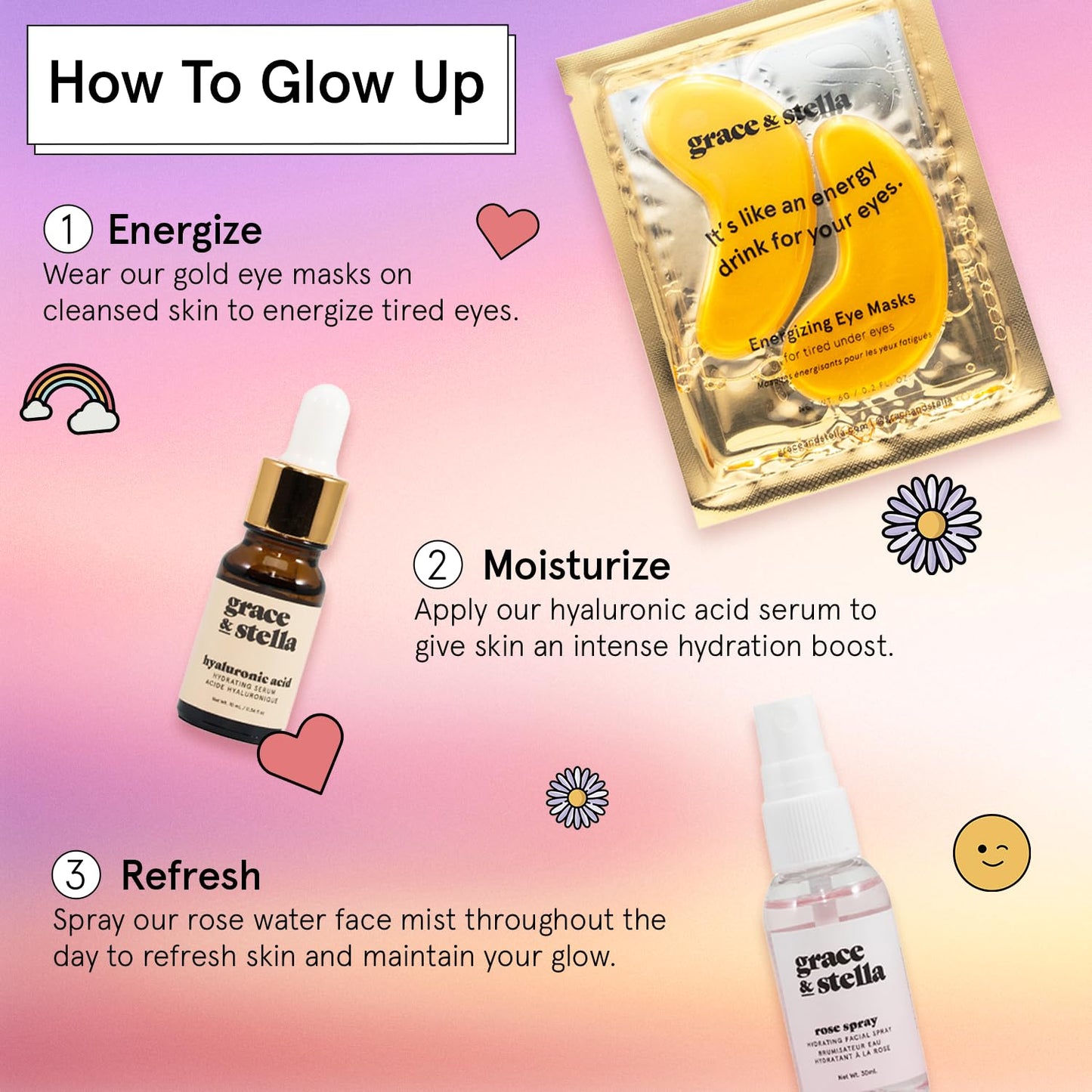 grace & stella Award-Winning Skincare Gift Set – Travel Essentials with Gold Eye Masks, Hyaluronic Acid Serum & Rose Spray – Holiday & Birthday Gift for Women