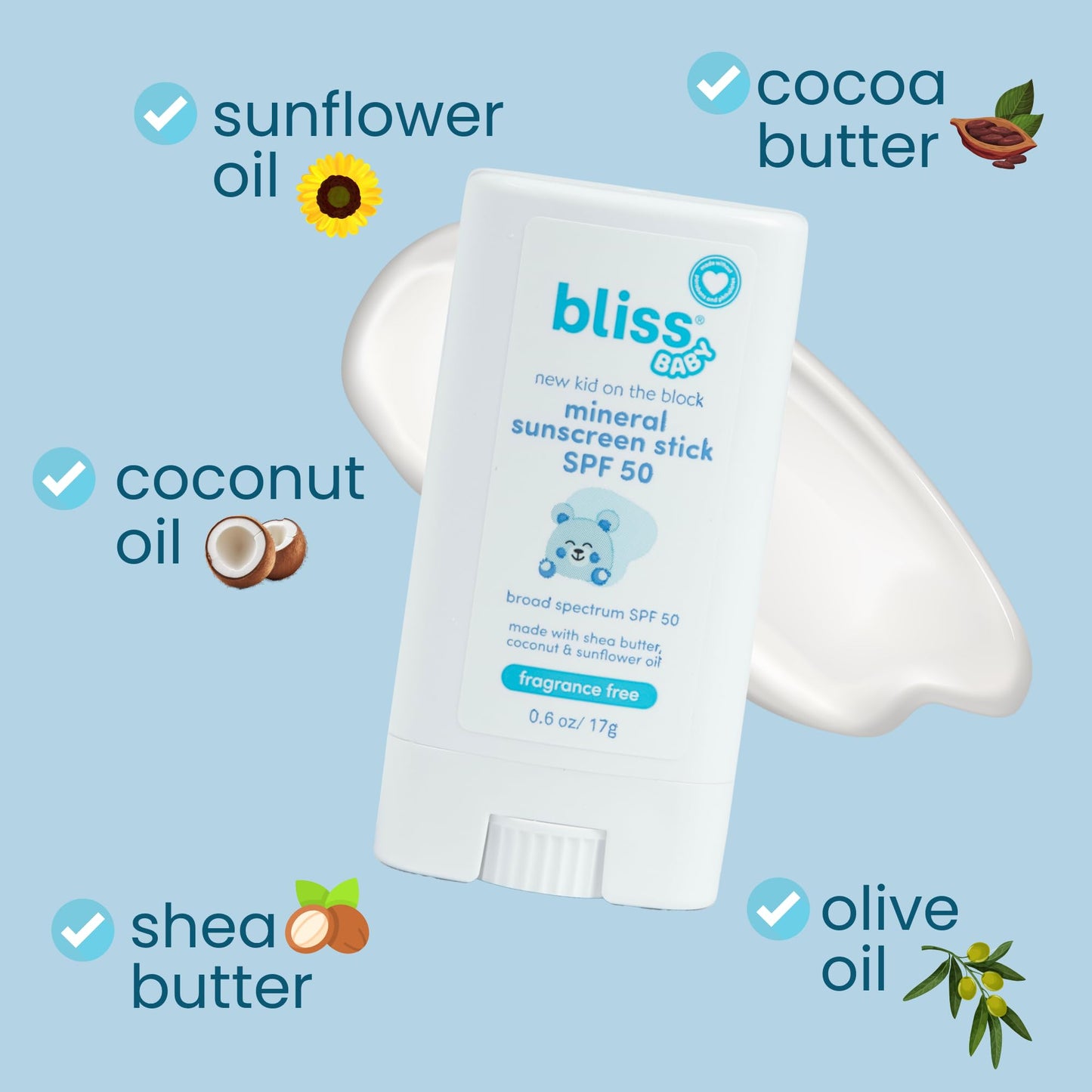 Bliss Baby Mineral Sunscreen Stick SPF 50 – Unscented, Hypoallergenic, Vegan, Water-Resistant, Natural Zinc Oxide for Sensitive Skin