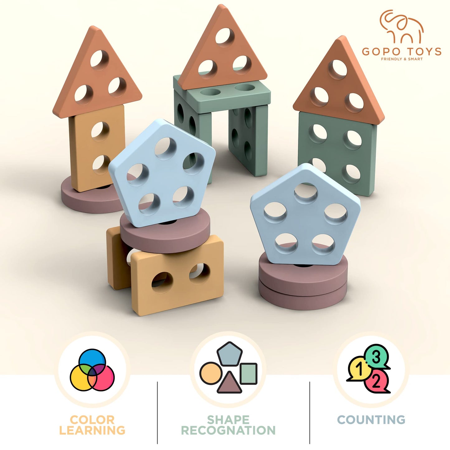 GOPO TOYS Montessori Wooden Shape Sorter & Stacking Puzzle – Educational Toy for 1+ Year Olds – Fine Motor Skill & Toddler Learning Toy