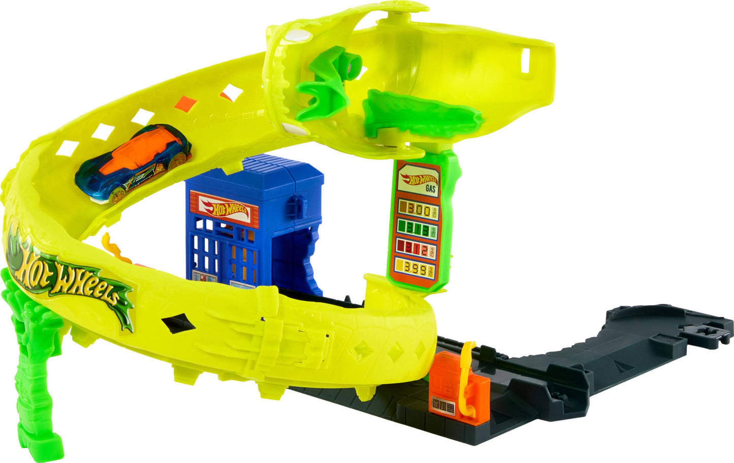 Hot Wheels Toy Car Track Set, Snake Gas Station Playset with 1:64 Scale Die-Cast Vehicle, 2 Ways to Play, Corkscrew Loop & Speed Snap Track