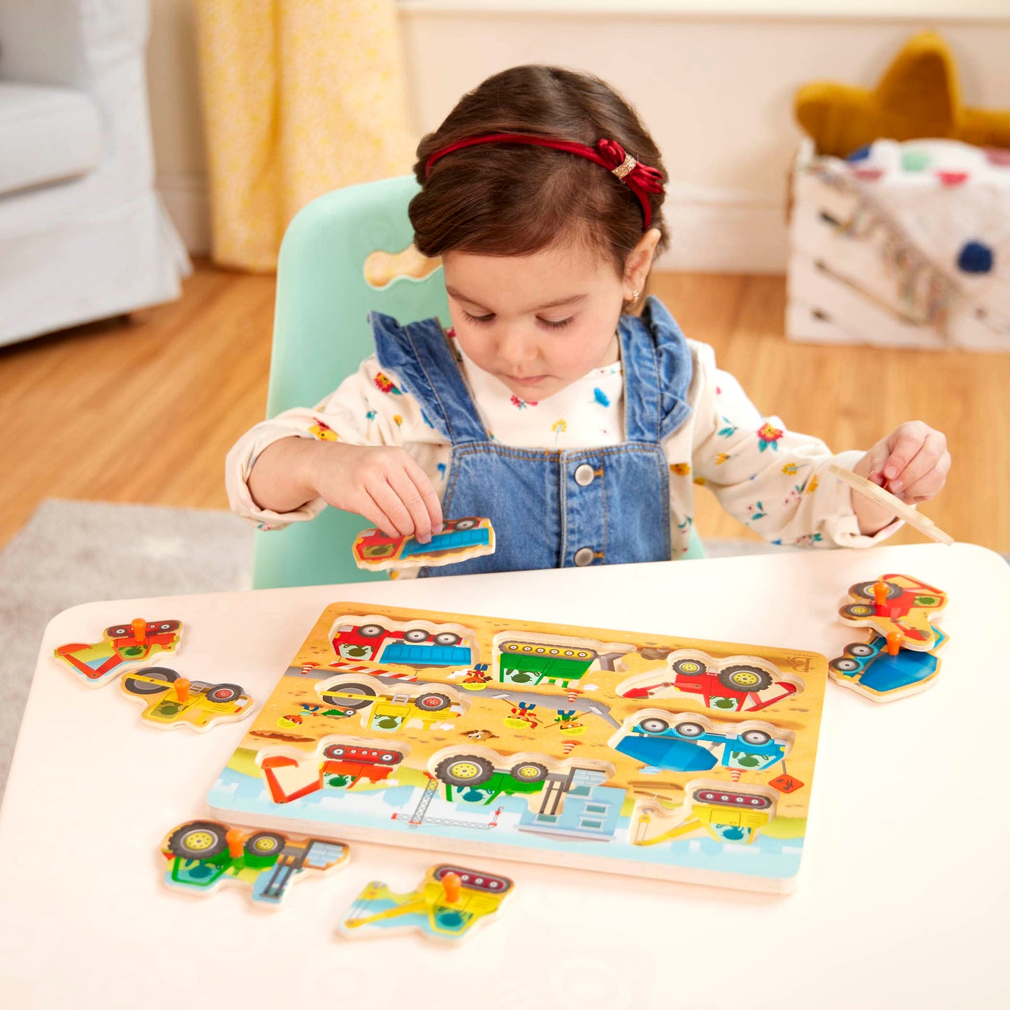 B. toys Peek & Explore Construction Trucks – Wooden Peg Puzzle with 8 Pieces: Dump Truck, Cement Mixer, Excavator & More – Toddler Toy 2+