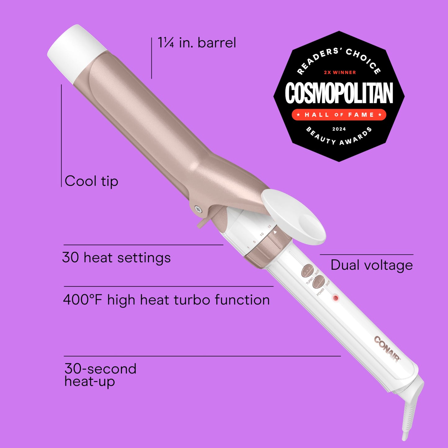Conair Double Ceramic 1-1/4 Inch Curling Iron, 1.25-Inch Barrel Creates Loose Curls, Hair Curler for Use on Medium and Long Hair, White