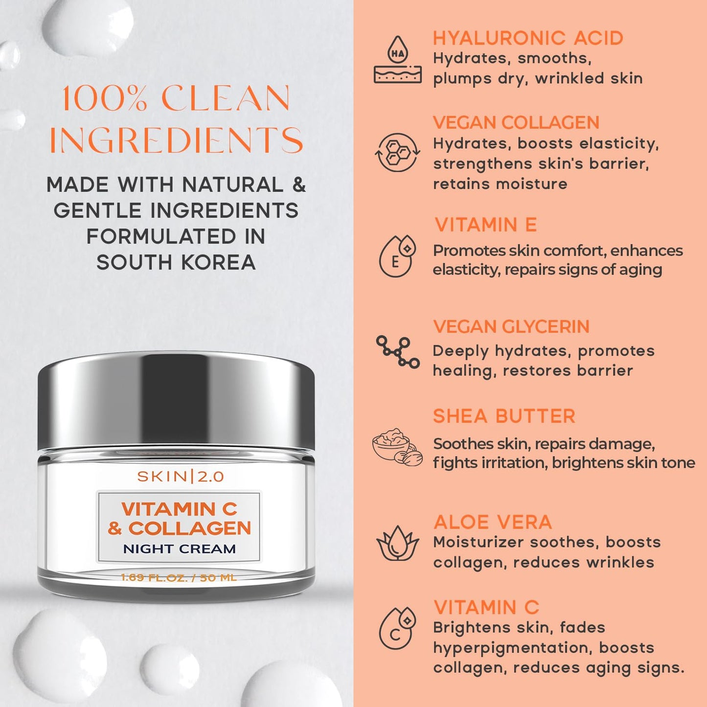 Skin 2.0 Korean Vitamin C & Collagen Face Moisturizer - Anti-Aging, Tightening, Clean & Cruelty-Free Skincare, 1.69 oz