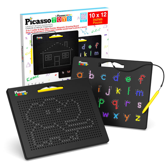 PicassoTiles 12x10" 2-in-1 Magnetic Drawing Board Toy – Double-Sided STEM Learning Pad, Alphabet, Erasable & Reusable Playboard (Black PTB04)