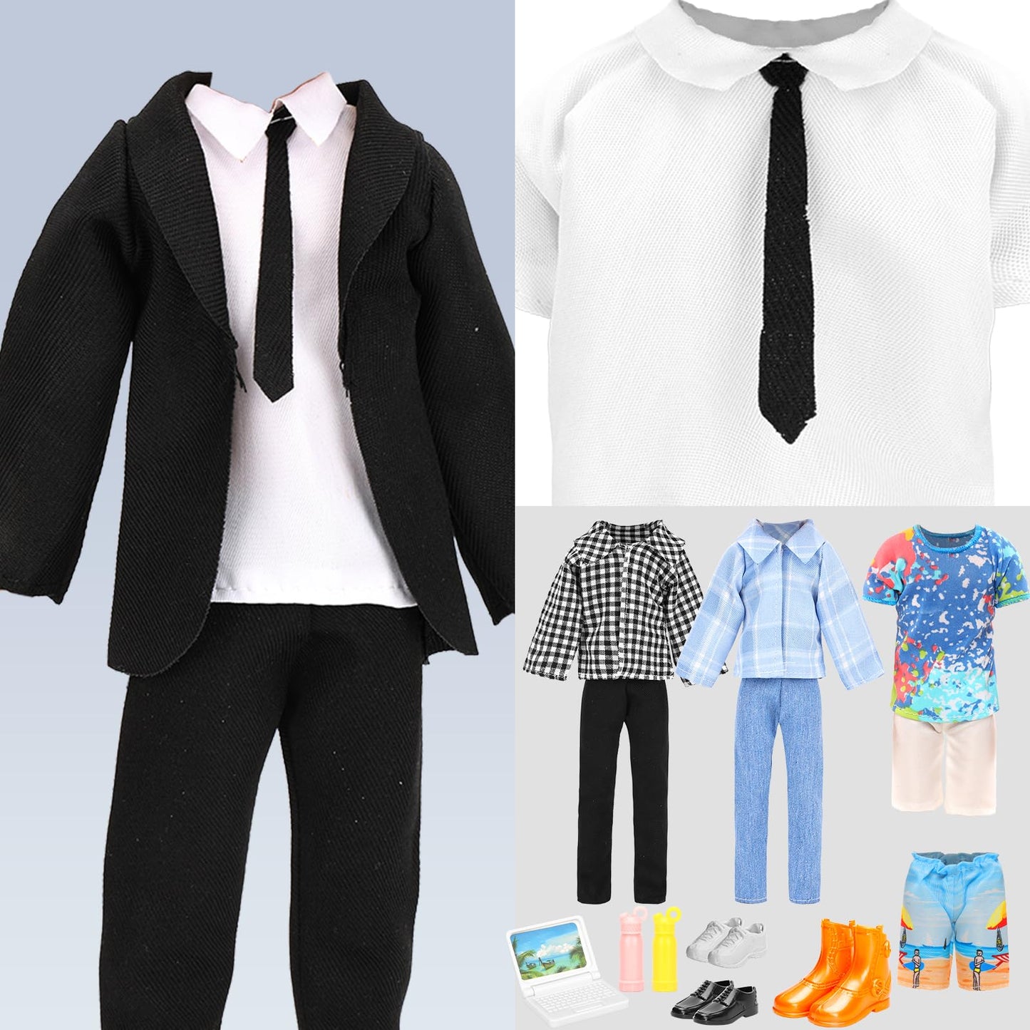 Miunana 16-Piece Doll Clothes & Accessories Set – Classic Black Suit, 4 Casual Outfits, 5 Pants, 3 Shoes, Laptop & Water Bottles