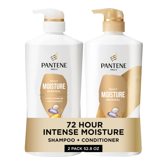 Pantene Daily Moisture Renewal Shampoo & Conditioner Set with Pro-V Nutrients for Dry, Color-Treated Hair + Miracle Rescue Shot, 52.8 Oz