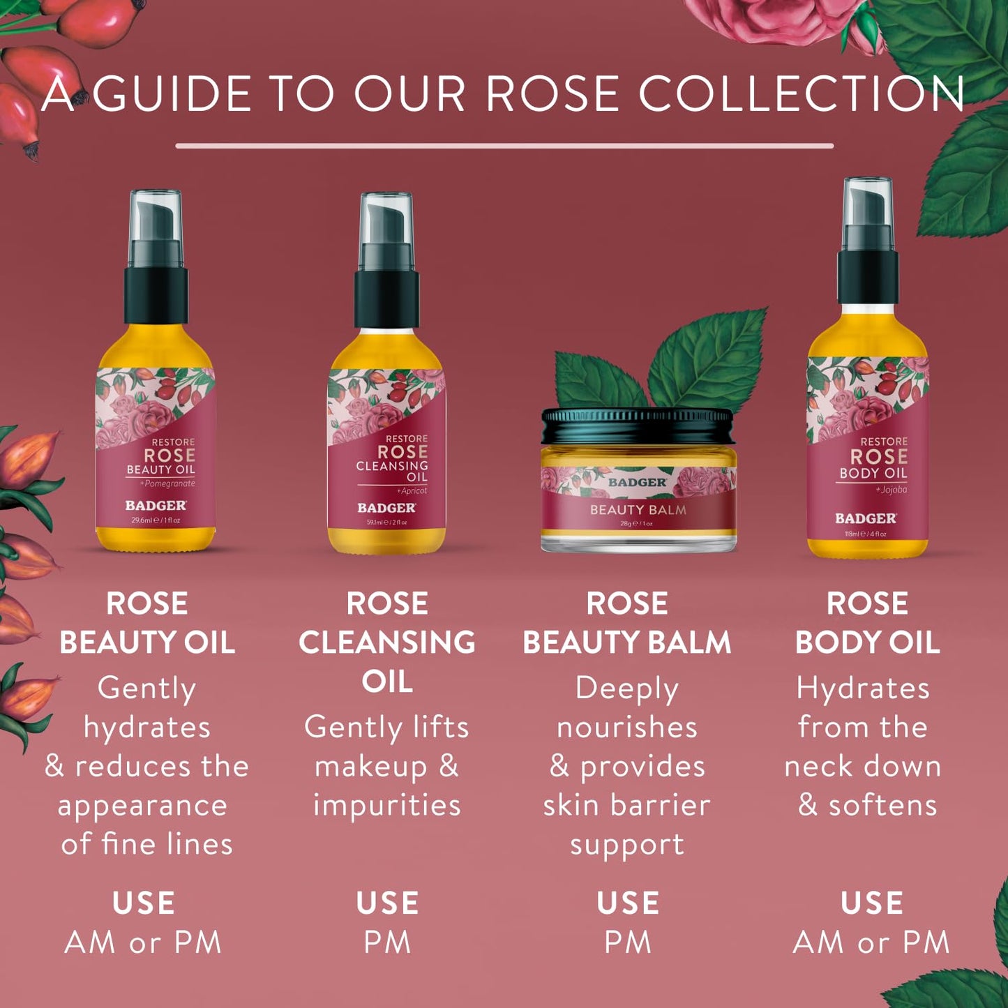 Badger Rose Face Oil - 100% Organic Moisturizer with Jojoba & Rose Oil, Vegan, Antioxidant-Rich, Nourishing & Soothing, 1 fl oz