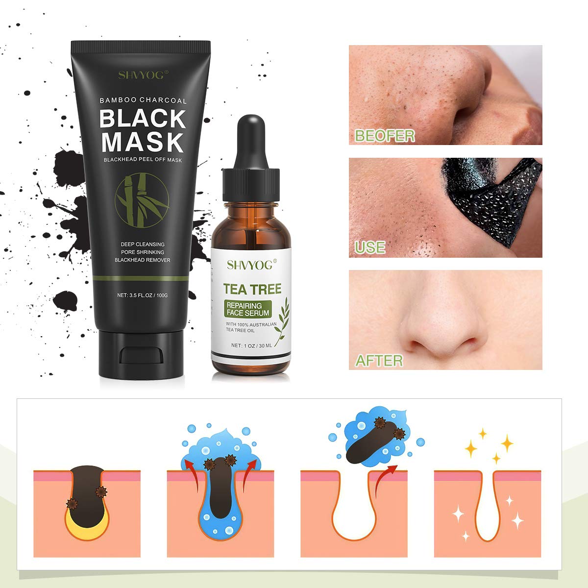 SHVYOG Blackhead Peel Off Mask 3-in-1 with Brush & Tea Tree Oil Serum, Charcoal Deep Cleansing for Pores, Oil & Dirt, 100g+30ml