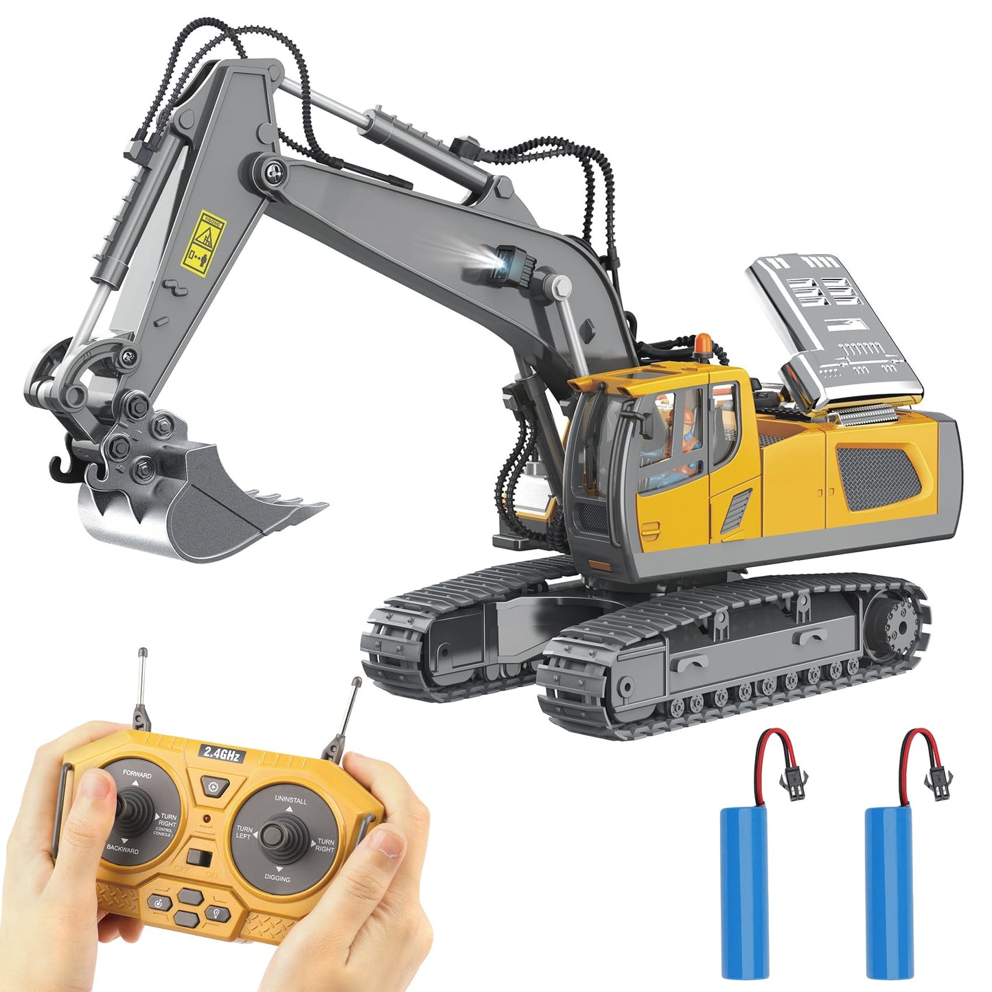 PREPOP RC Excavator Toy for Kids 6-12 – Remote Control Construction Truck with Metal Shovel, Lights & Sounds, Birthday Gift for Boys 4-11