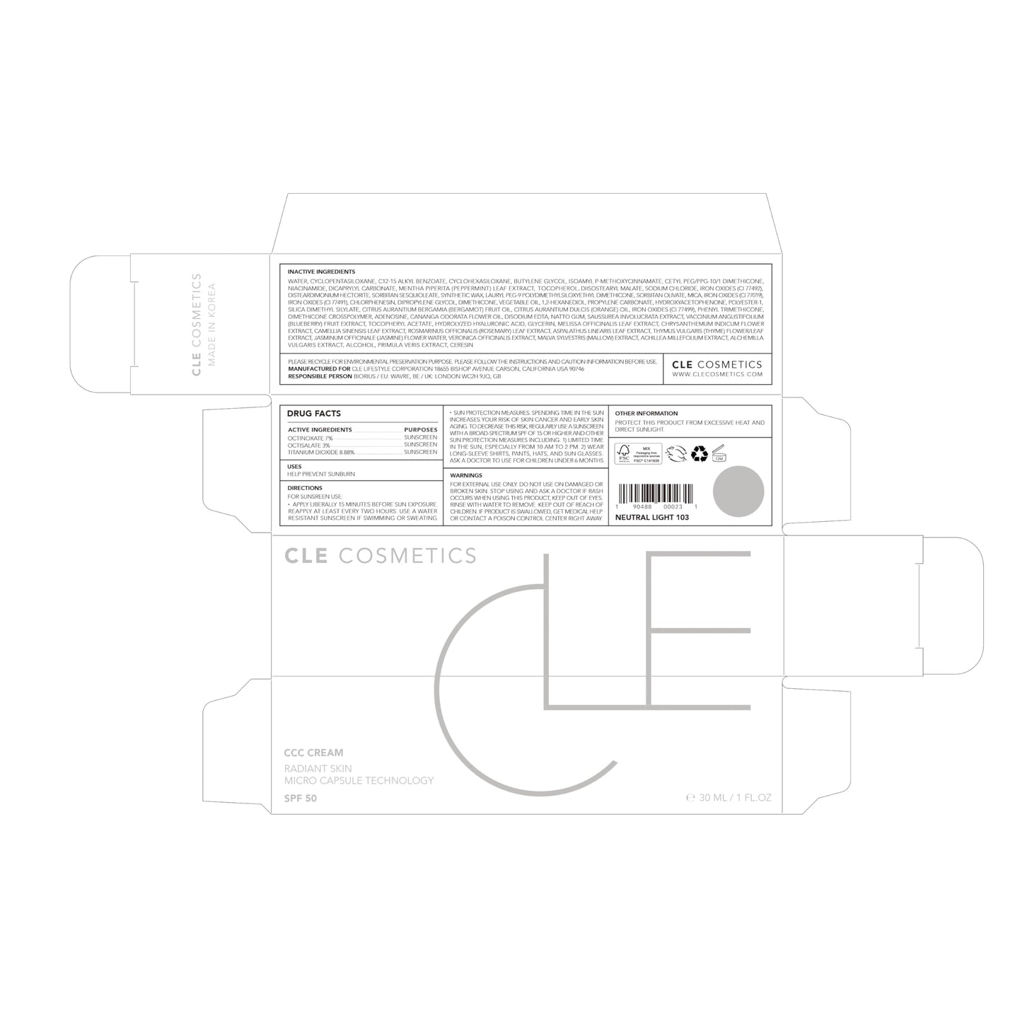 CLE Cosmetics CCC Cream SPF 50 (Warm Light 103) – Lightweight Hydrating Color Correcting Foundation, BB & CC Hybrid, Light-Medium Coverage, 1 fl oz