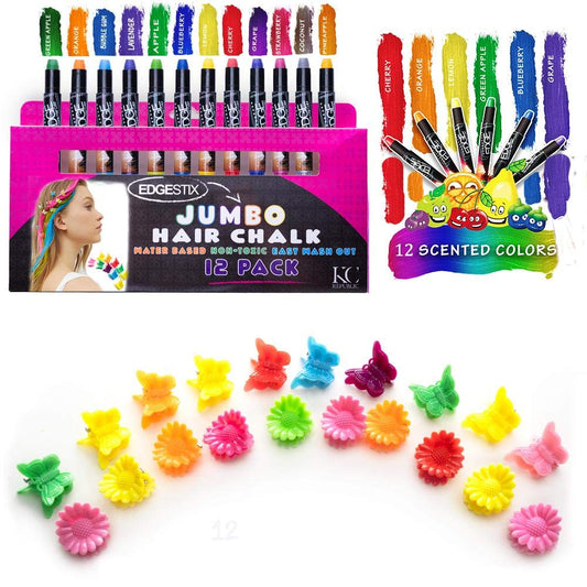KC Republic Kids Hair Chalk Set – 12 Washable Jumbo Sticks, Safe Temporary Hair Color for Girls – Scented, Metallic & Glitter Shades for Parties, Cosplay & Holidays