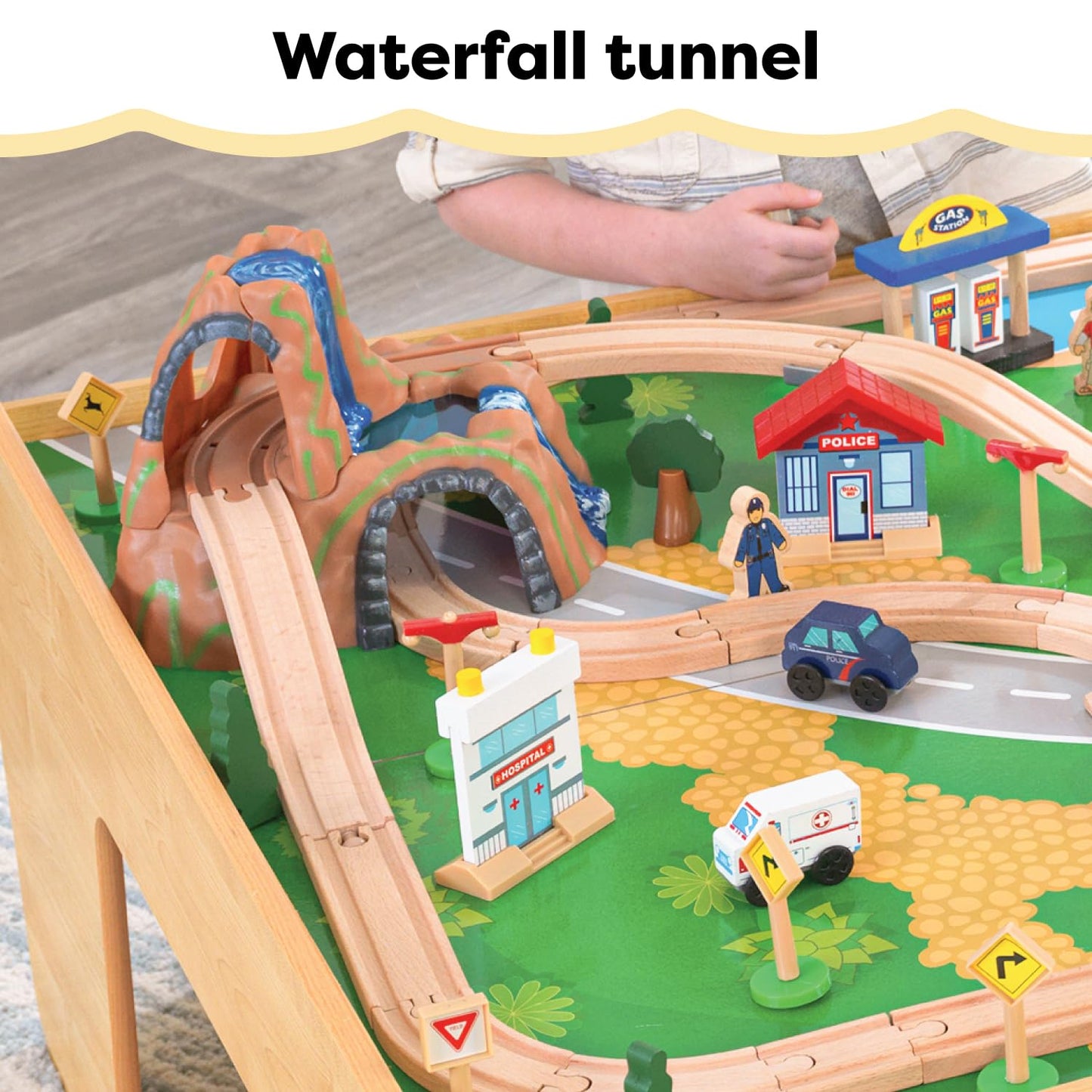 KidKraft Waterfall Mountain Wooden Train Set & Table with 120 Pieces, 3 Storage Bins