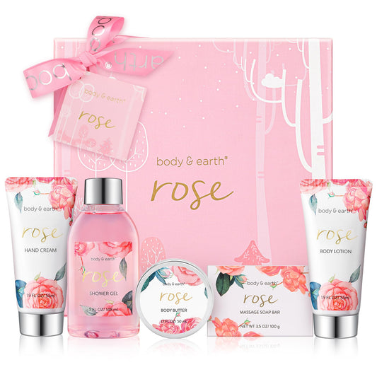 BODY & EARTH Luxurious 5-Pc Rose Scent Spa Gift Set for Women – Bath & Body Gift Box with Lotion, Body Wash, Butter – Birthday Gift Idea