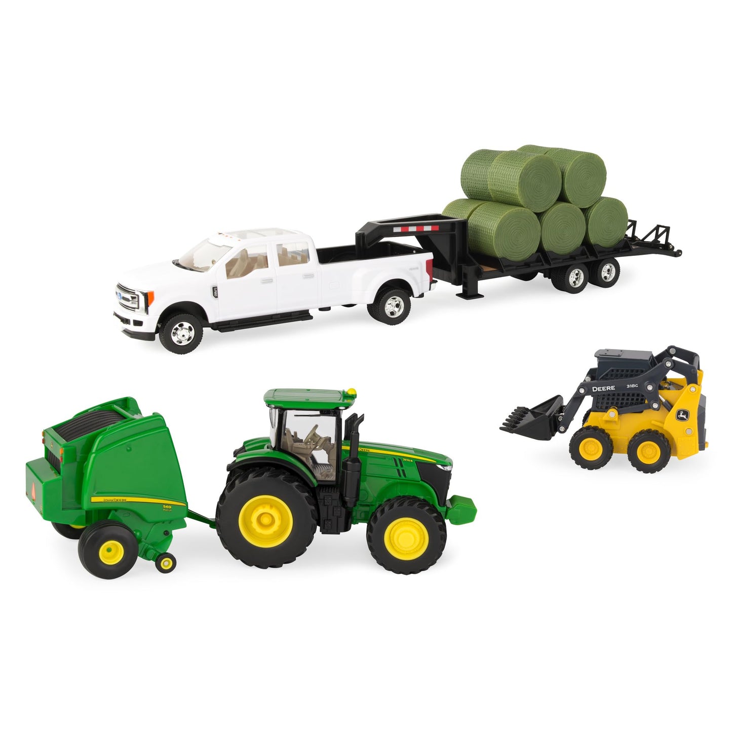 TOMY John Deere Round Bale Haying Set 1:32 Scale with 7R Tractor, 569 Round Baler & 381G Skid Steer Toy Farm Construction Playset Ages 3+