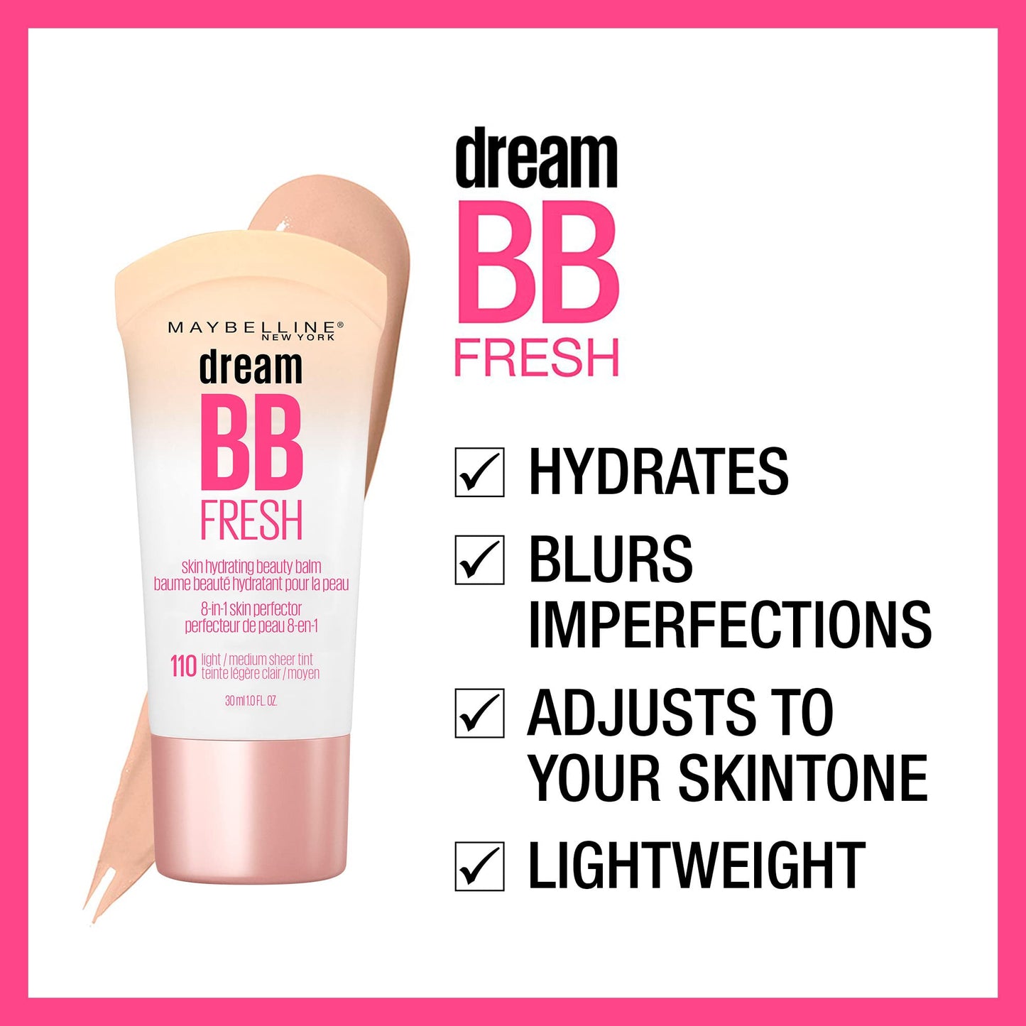 Maybelline Dream Fresh BB Cream 8-in-1 Hydrating Beauty Balm SPF 30, Sheer Tint, Oil-Free, Light/Medium, 1 fl. oz