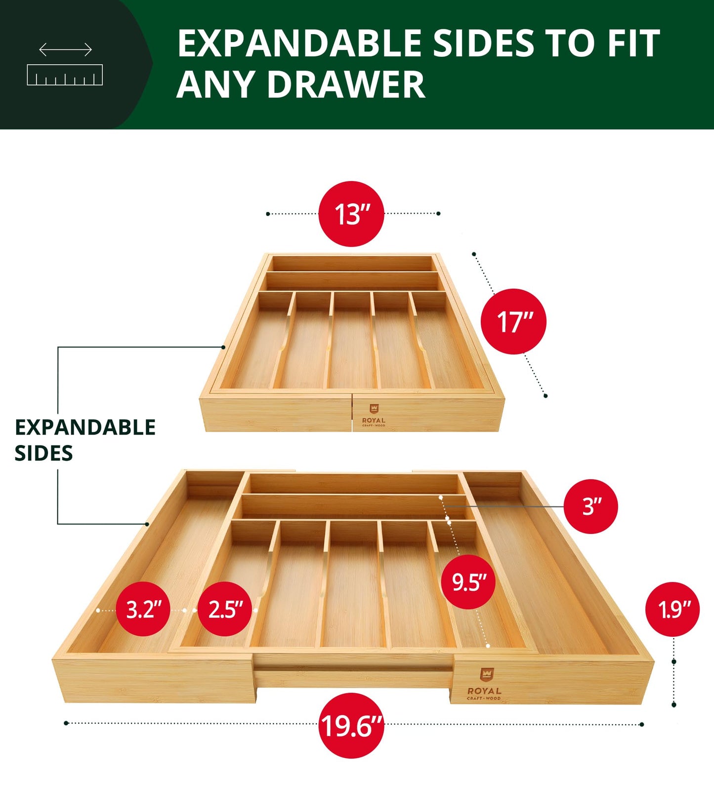 ROYAL CRAFT WOOD Bamboo Kitchen Drawer Organizer – 9-Slot Silverware, Utensil & Cutlery Tray Divider, Natural Finish