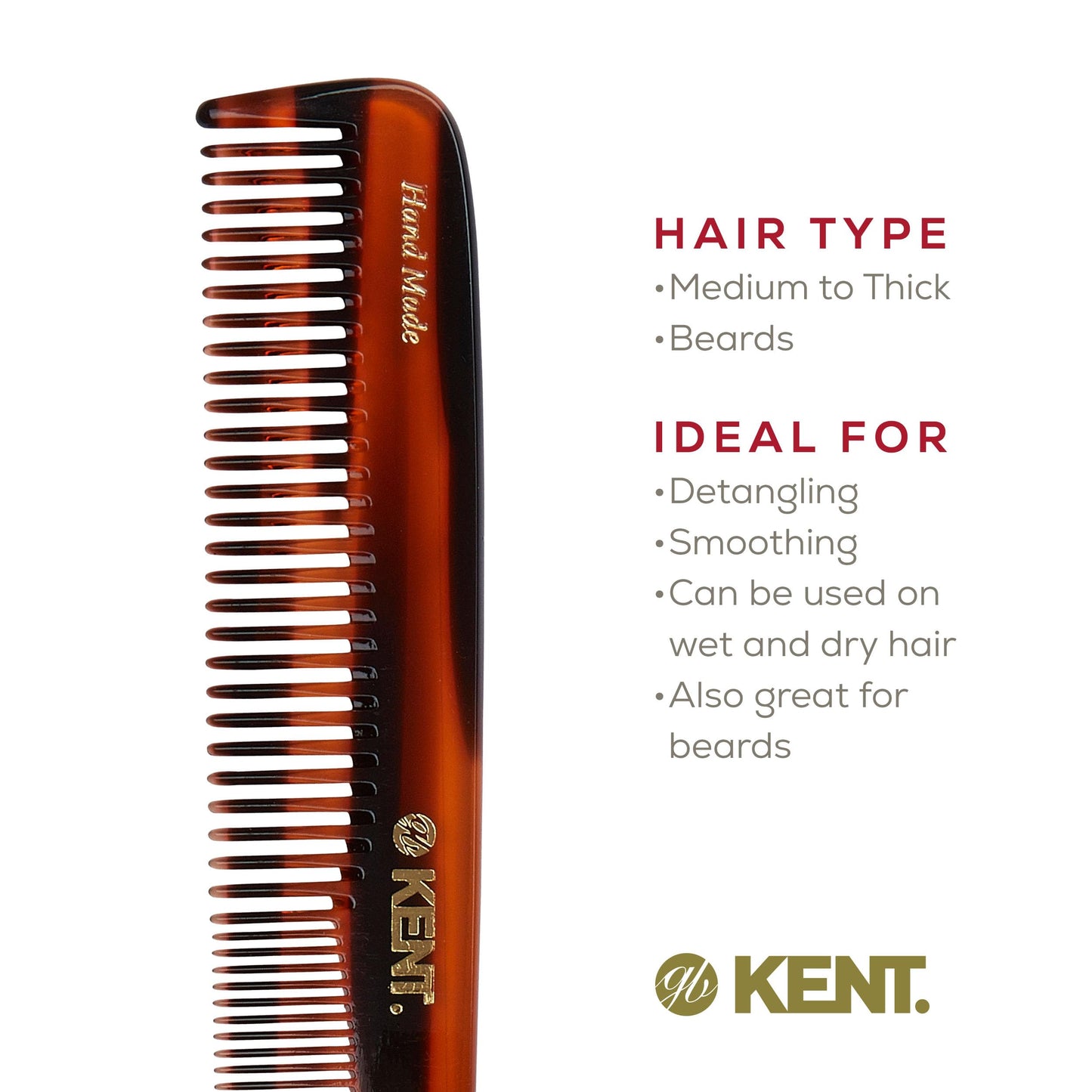 Kent 9T Tortoiseshell Fine & Wide Tooth Comb – Large Handmade Saw-Cut Hair Comb for Wet or Dry Hair, Detangling & Styling, Made in England
