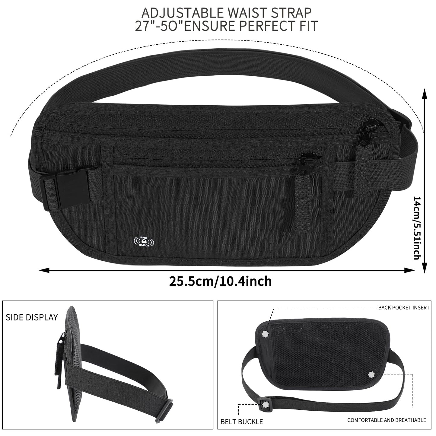 Money Belt For Travel Women Men Hidden Rfid Passport Holder For Travel (Black)