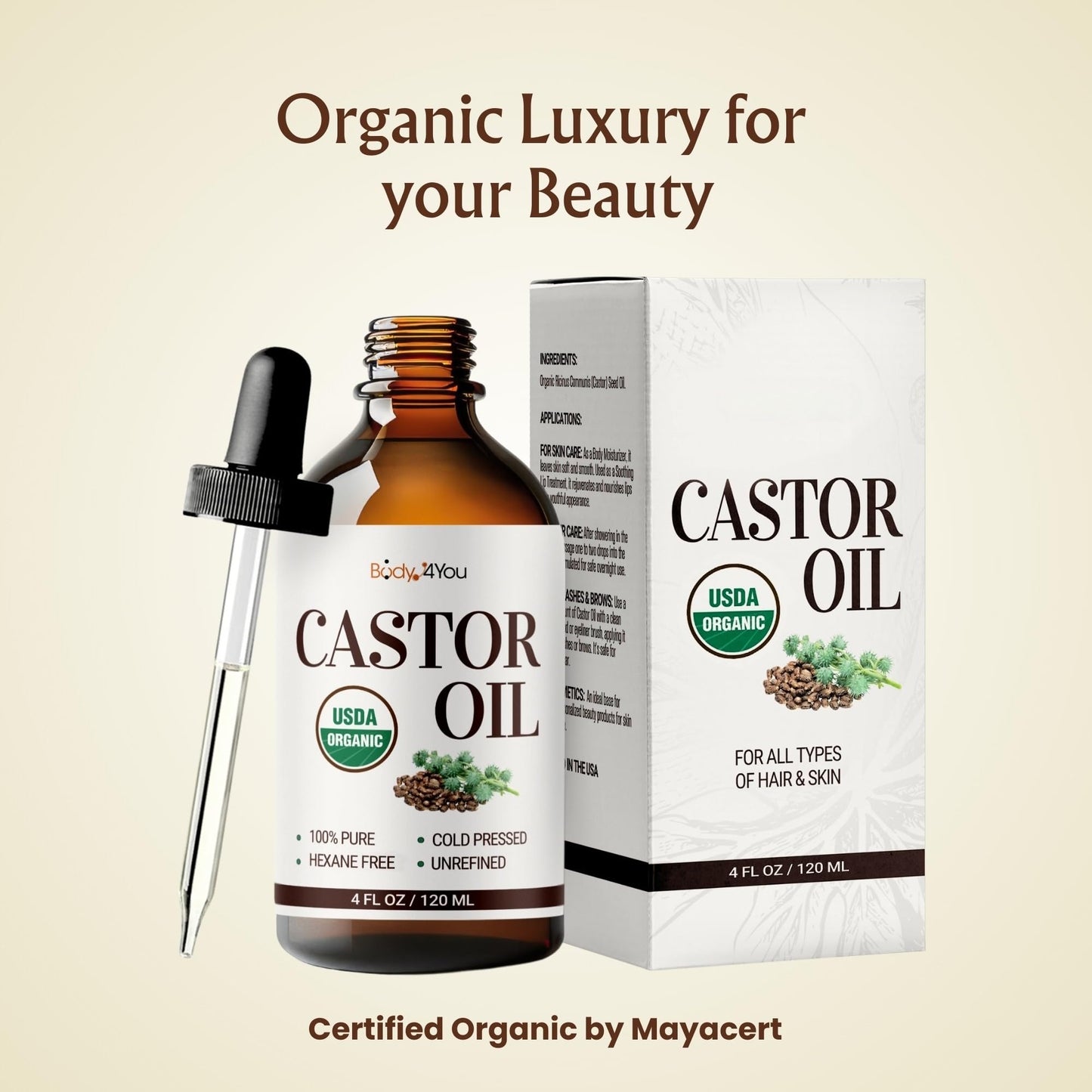BodyJ4You Organic Castor Oil 4oz – 100% Pure Cold Pressed USDA Organic, Hexane-Free, Non-GMO – Lash & Brow Kit with Mascara Tube, Brush & Wand