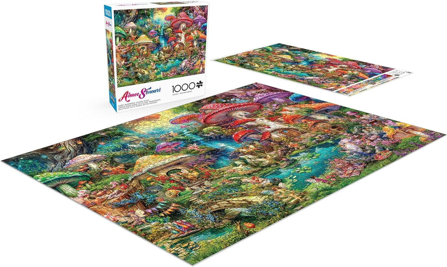 Buffalo Games Merry Mushroom Village Picnic 1000-Piece Jigsaw Puzzle by Aimee Stewart – Challenging Adult Puzzle, 26.75"x19.75"