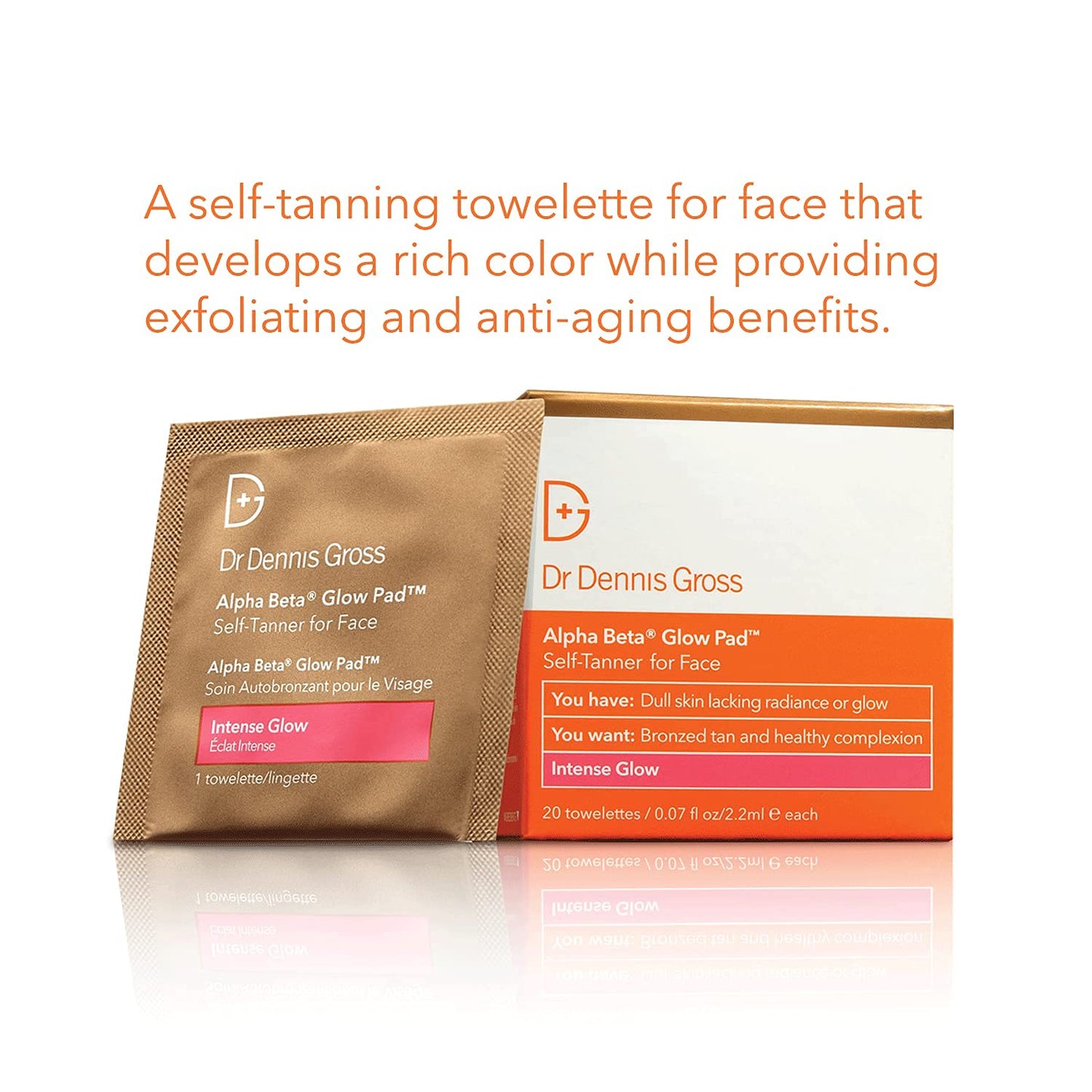 Dr Dennis Gross Alpha Beta Glow Pad Self Tanner, Intense Glow for Face: for Dull Skin Lacking Radiance & Glow, (20 Towelettes)