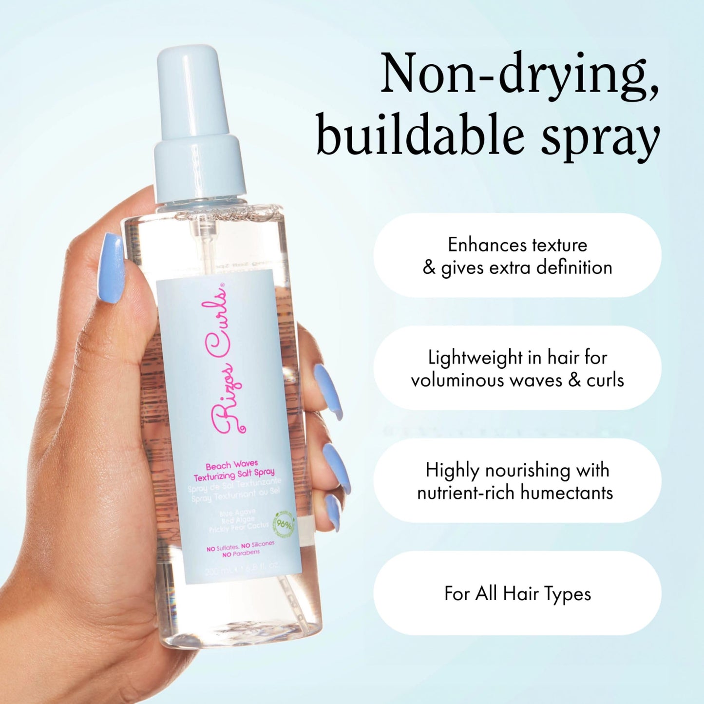 Rizos Curls Beach Waves Texturizing Salt Spray 6.8 oz | Adds Texture & Volume | Defines & Nourishes with Blue Agave, Red Algae & Cactus