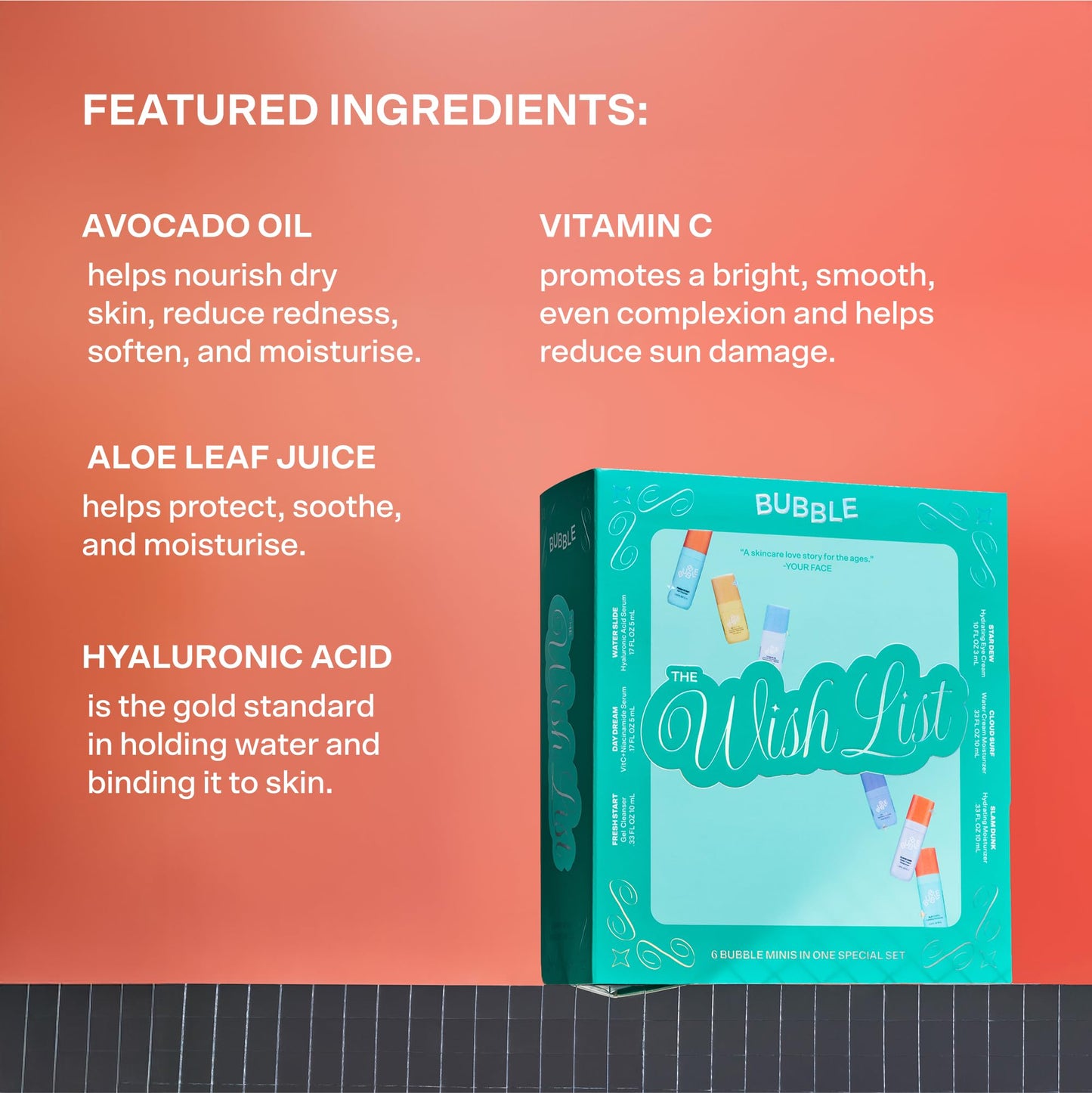Bubble Skincare The Wish List Mini Gift Set – Travel Size Gel Cleanser, Vitamin C & Hyaluronic Serum, Eye Cream & Moisturizers (6pc)