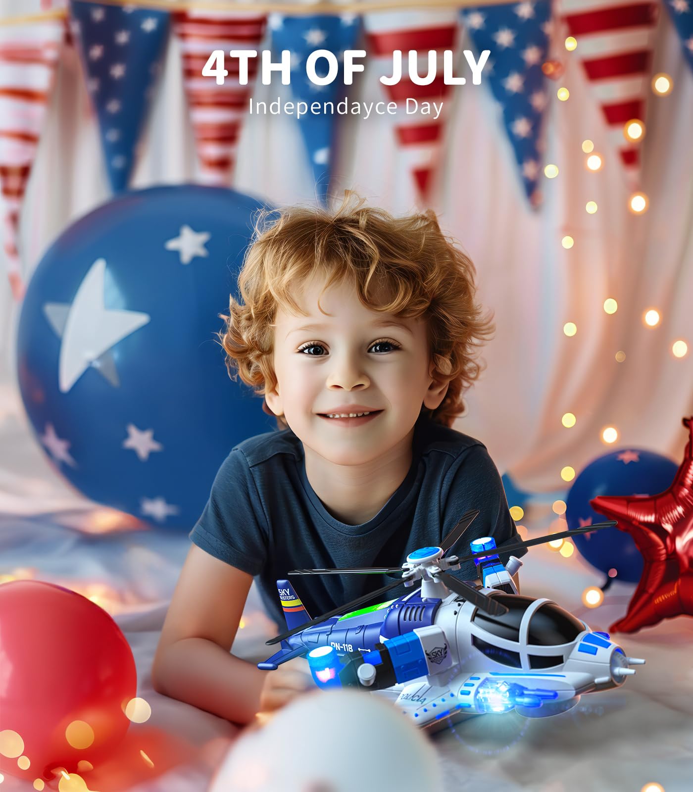 Geyiie Blue Helicopter Toy for Kids with Lights & Sounds, 360° Flying, Auto-Steering Airplane, Birthday Party Favor Gift for Boys