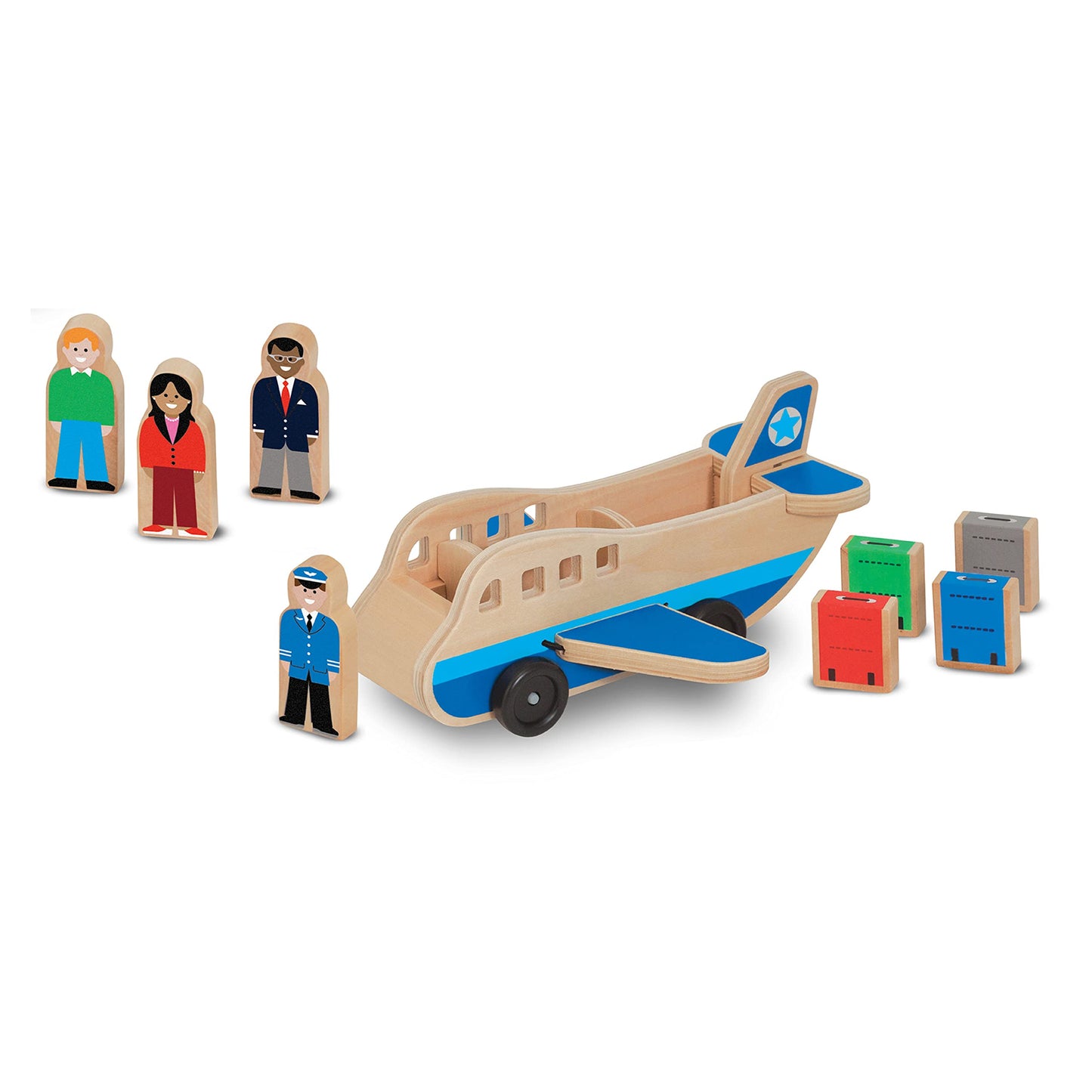 Melissa & Doug Wooden Airplane Play Set with 4 Play Figures and 4 Suitcases