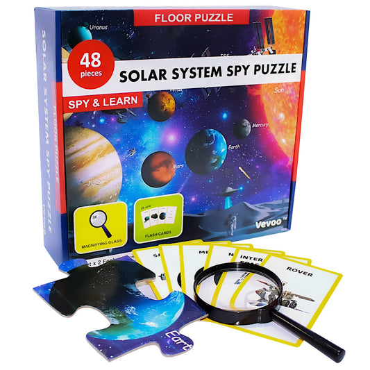 Solar System Spy Puzzle – 48-Piece Space Floor Puzzle with Flashcards & Magnifying Glass, Educational STEM Toy for Kids Ages 4-8, 2x3ft