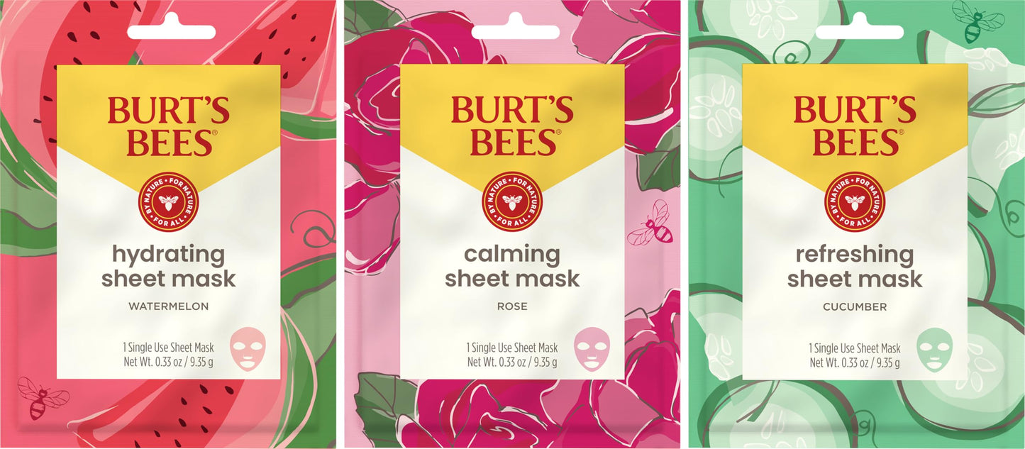Burt's Bees Holiday Face Mask Set – Hydrating Watermelon, Calming Rose & Refreshing Cucumber Sheet Masks, 3 Single-Use, 99% Natural, 0.33oz Each