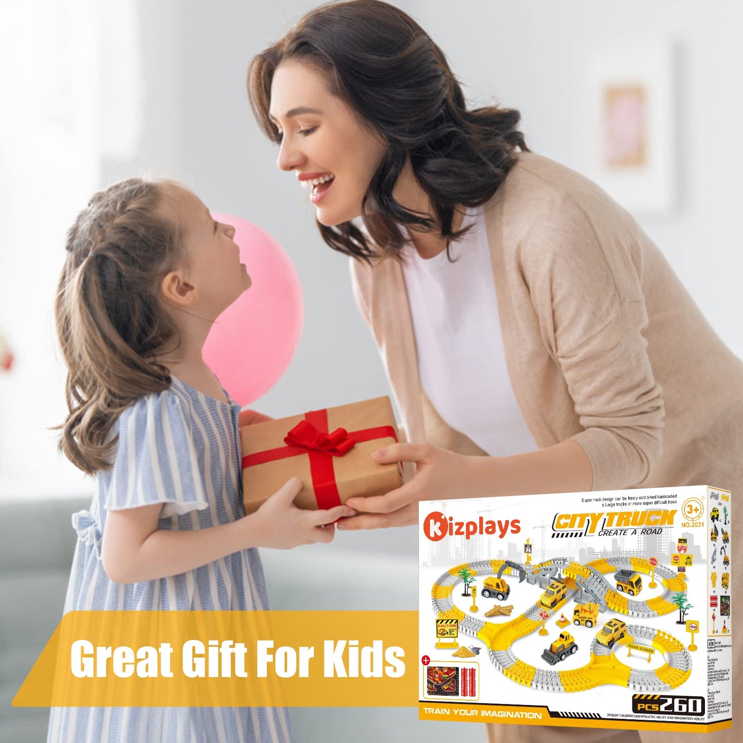 260 PCS Construction Race Track Set for Kids – 2 Electric Cars, 4 Construction Vehicles, Map & Flexible DIY Track, STEM Engineering Toy Ages 3-6