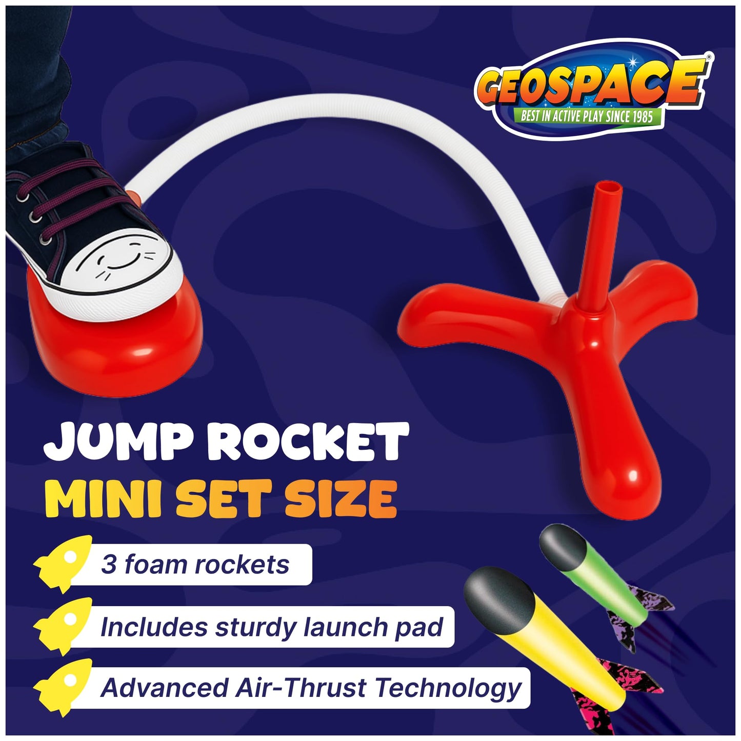 Geospace Jump Rocket Mini Set – 3 Foam Stomper Rockets with Single Pump, Outdoor Fun Toy for Kids Boys & Girls