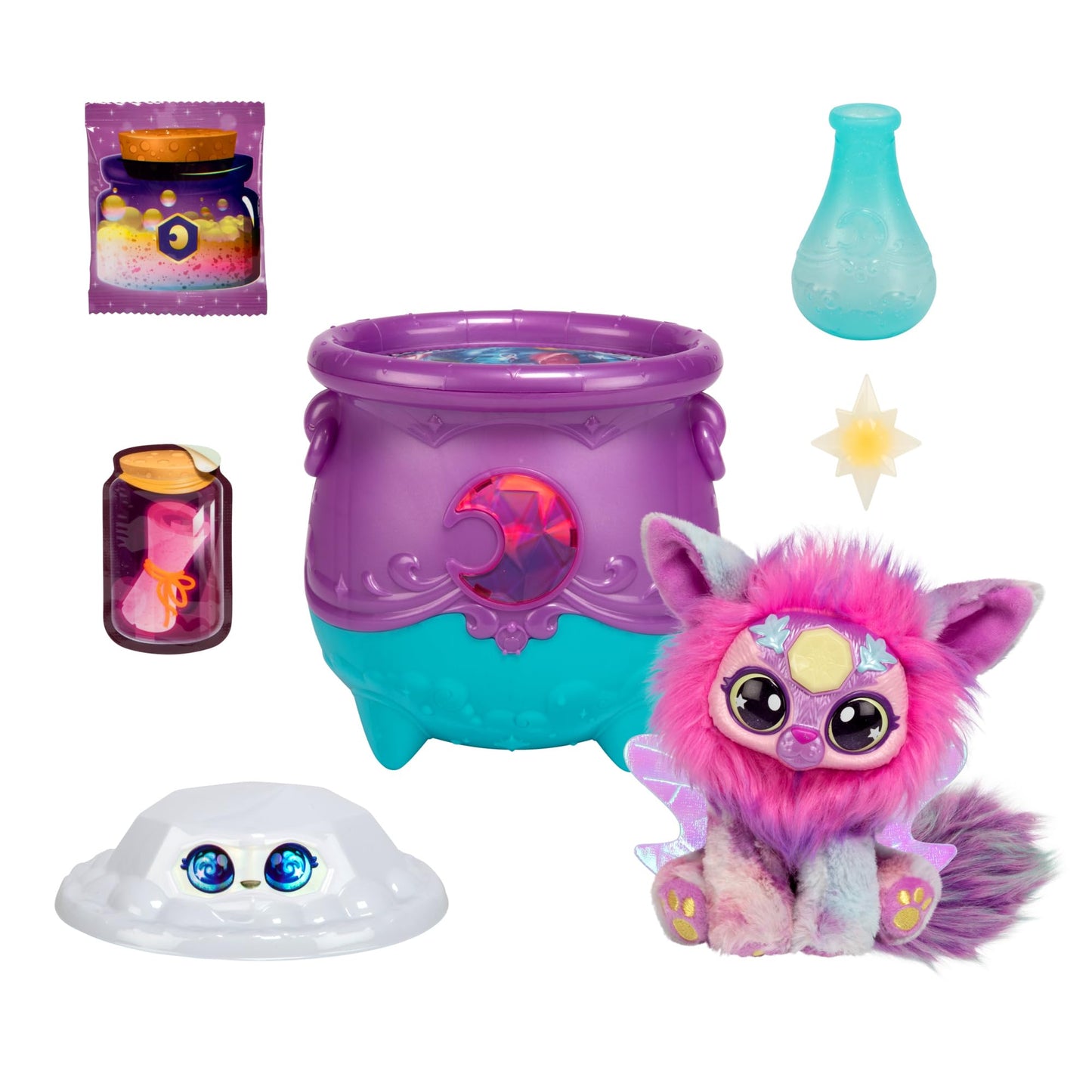Magic Mixies Gem Surprise Cauldron Moon with Shimmer Eyes – Reveal Plush & 2 Lunar Gem Surprises (Styles Vary)