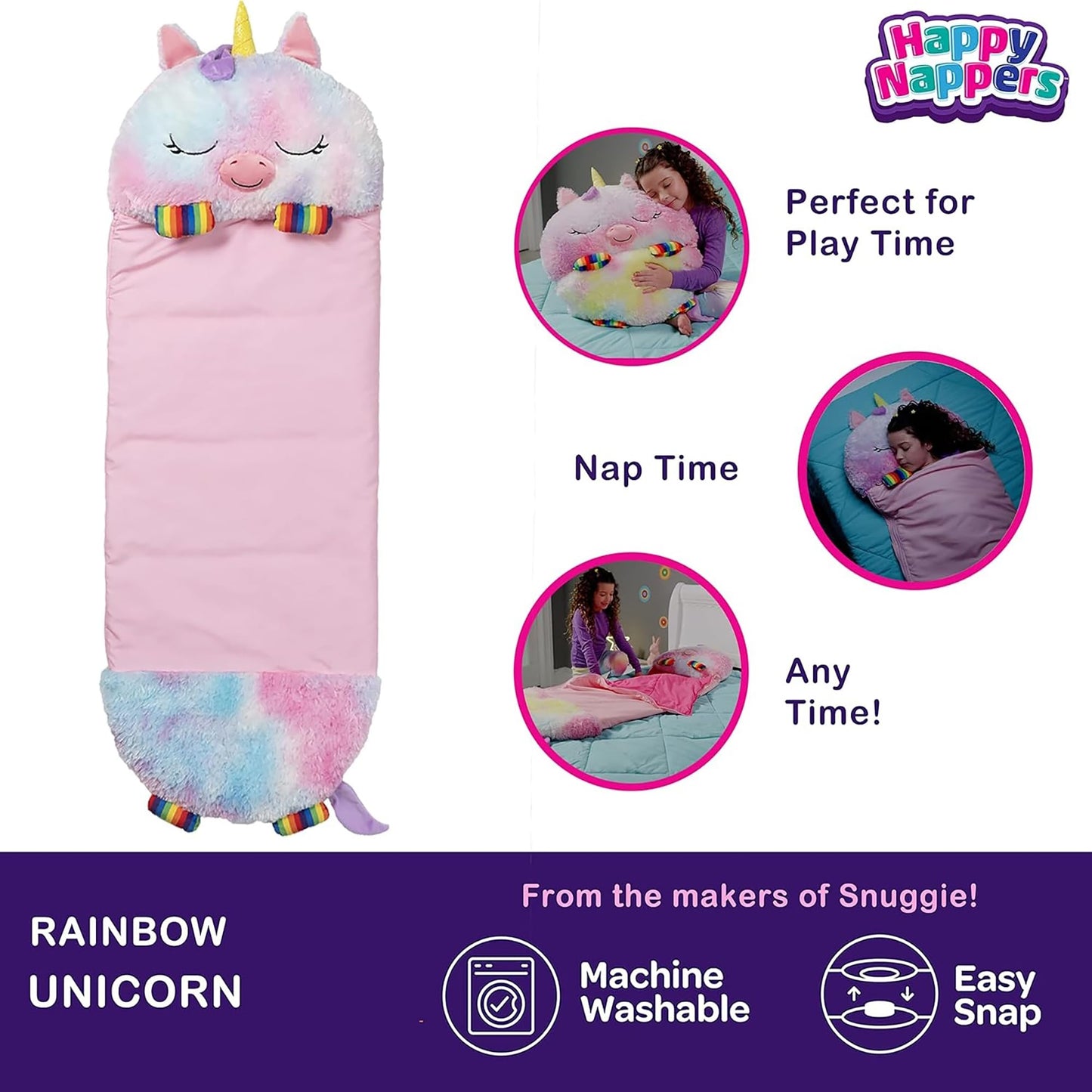 Happy Nappers: Pillow & Sleepy Sack: Medium - Rainbow Unicorn - 54 x 20, Plush Animal Character, 2-in-1 Pillow Sleeping Bag, Play, Kids Ages 3+